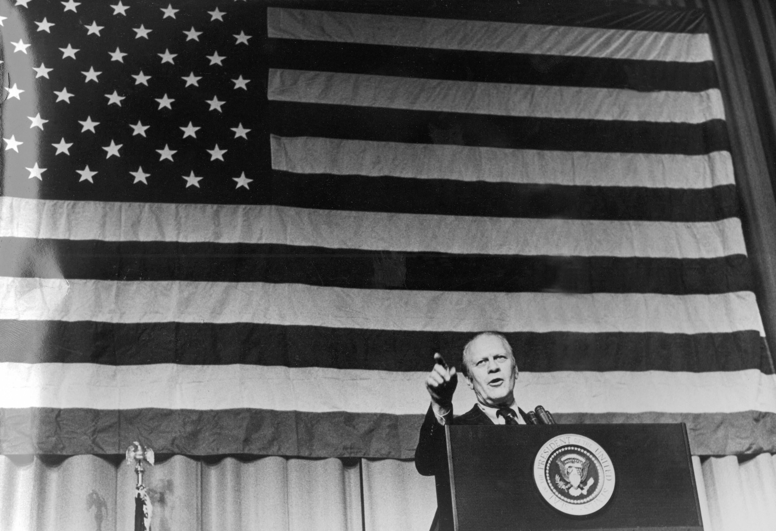 Then-president Gerald Ford giving a press conference in Indianapolis, on 16 October 1974