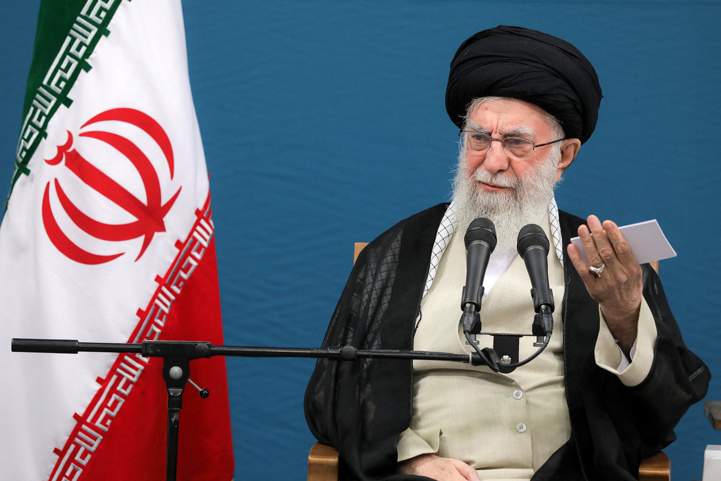 Iran’s Supreme Leader Ayatollah Ali Khamenei speaks during a meeting with Iran’s president Masoud Pezeshkian in Tehran, Iran