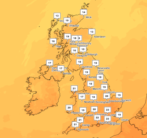 Temperatures may reach a peak of 25C on Thursday, according to the Met Office