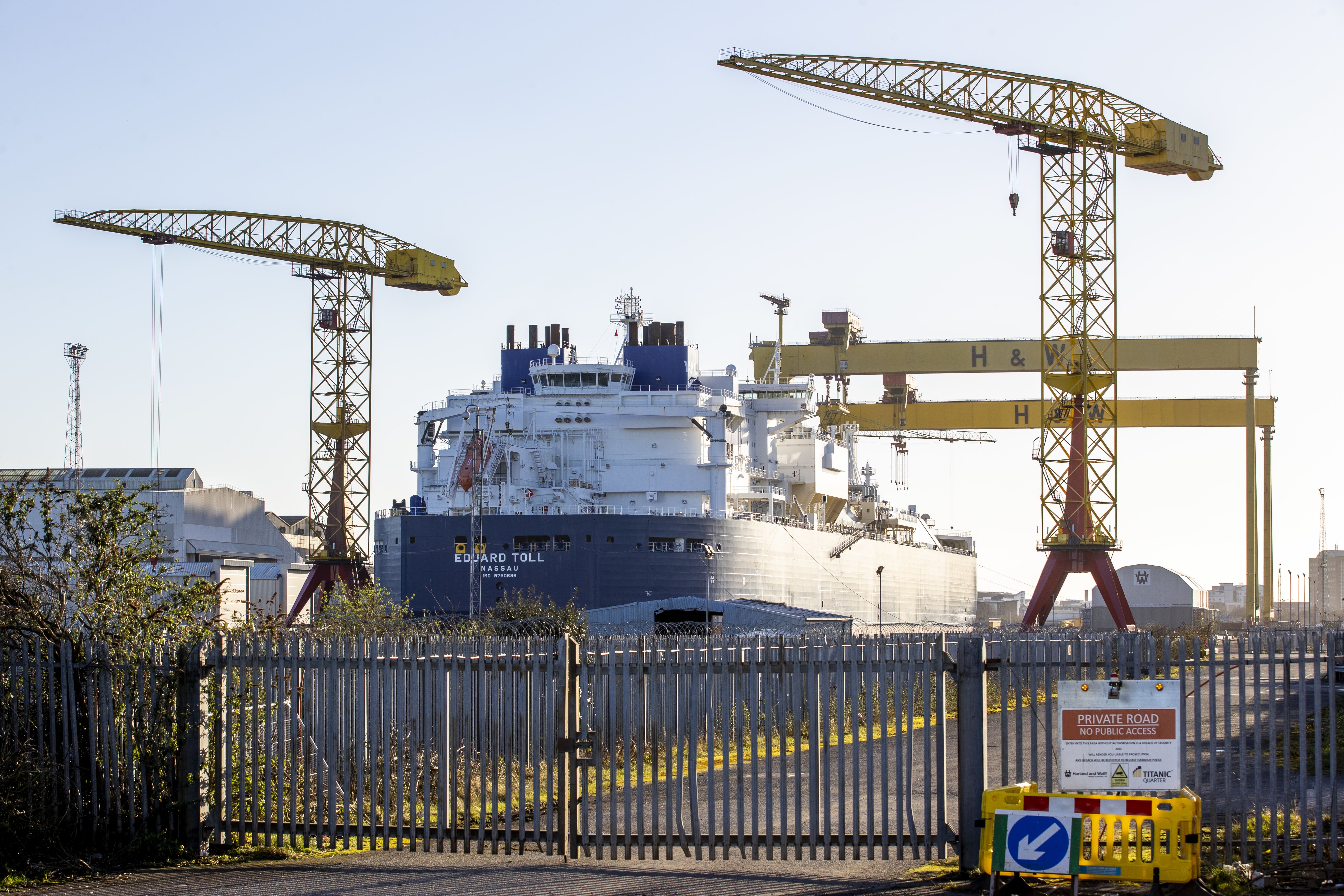 Tanker Eduard Toll docked at Harland and Wolff’s shipyard at Belfast Port in Northern Ireland (Liam McBurney/PA)