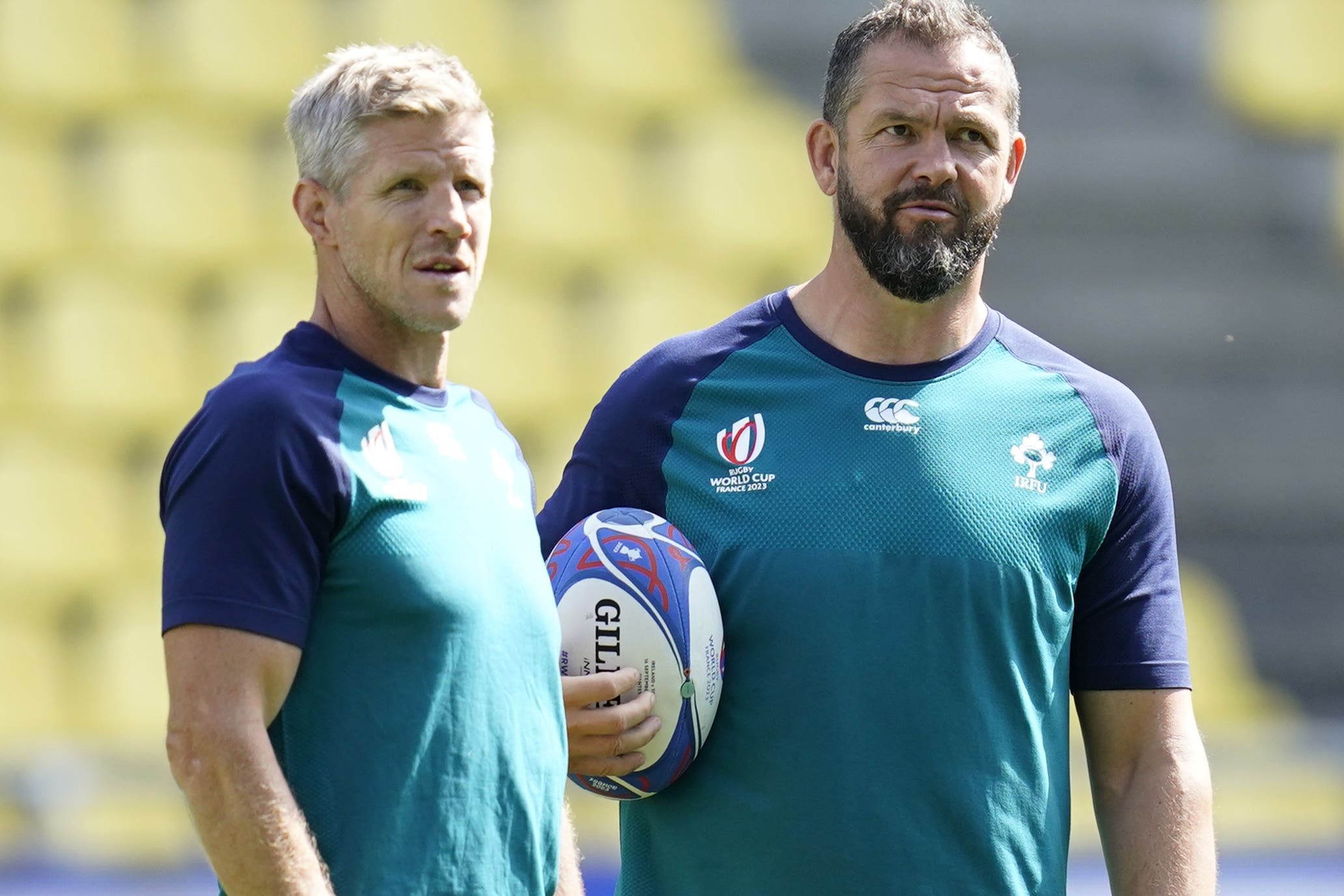 Simon Easterby, left, will step up from his position as Ireland defence coach (Andrew Matthews/PA)