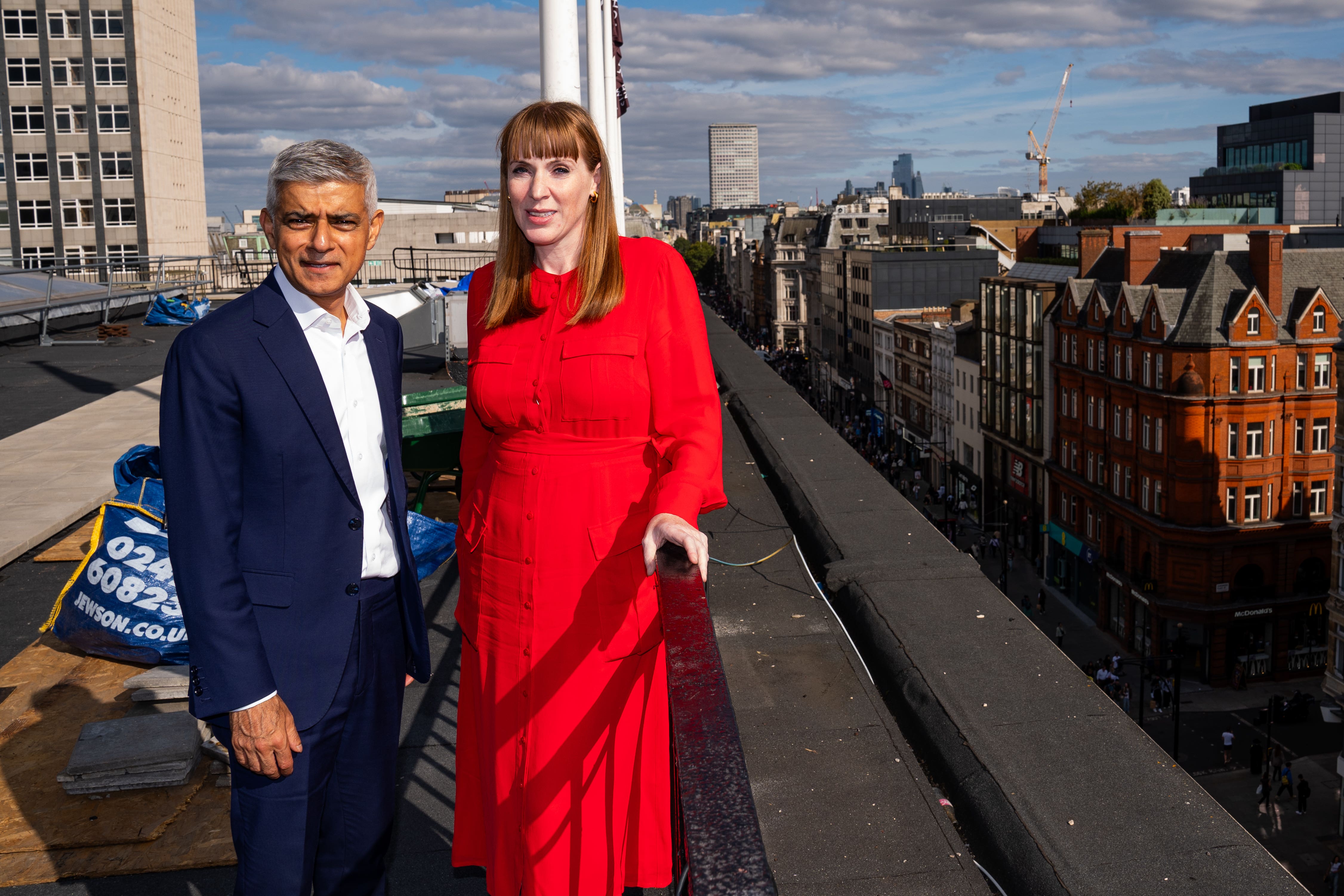 Sadiq Khan and Angela Rayner on the roof of John Lewis, Oxford Street (Aaron Chown/PA)