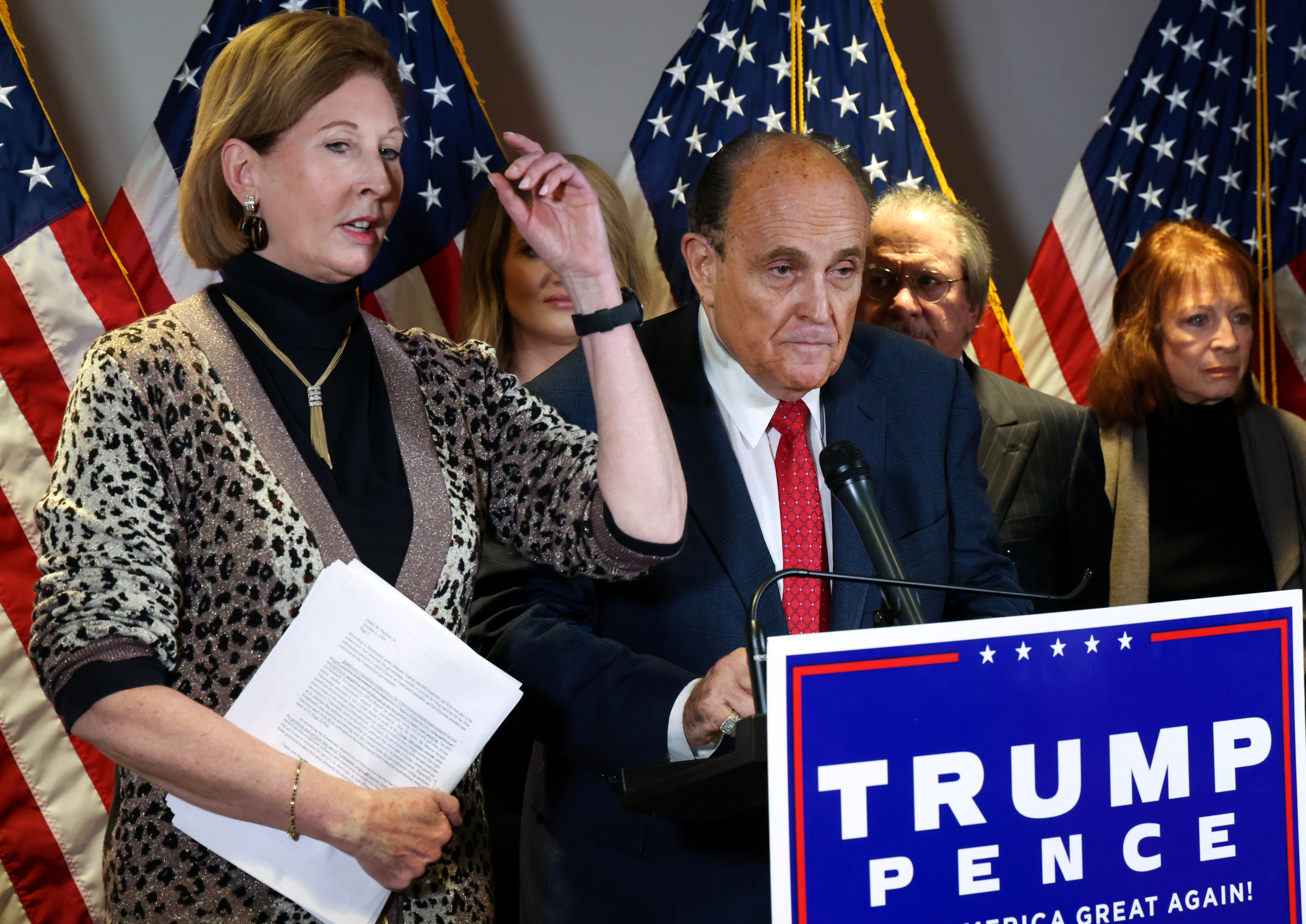 Rudy Giuliani takes part in a press conference alongside members of Donald Trump’s legal team including Sydney Powell.