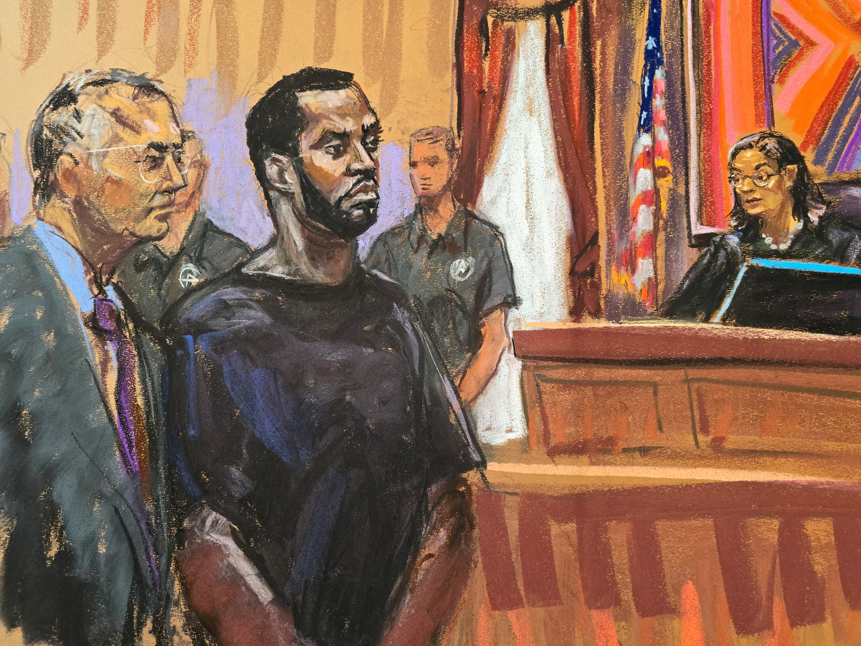 Combs, depicted in this courtroom sketch, pleaded not guilty to all three federal charges on Tuesday. He was ordered to remain in jail until his trial begins