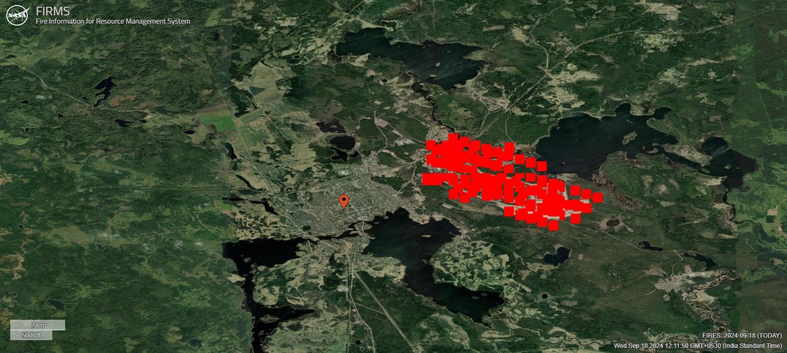 A fire map by Nasa shows satellites picking up several sources of fire emanating near Toropets town