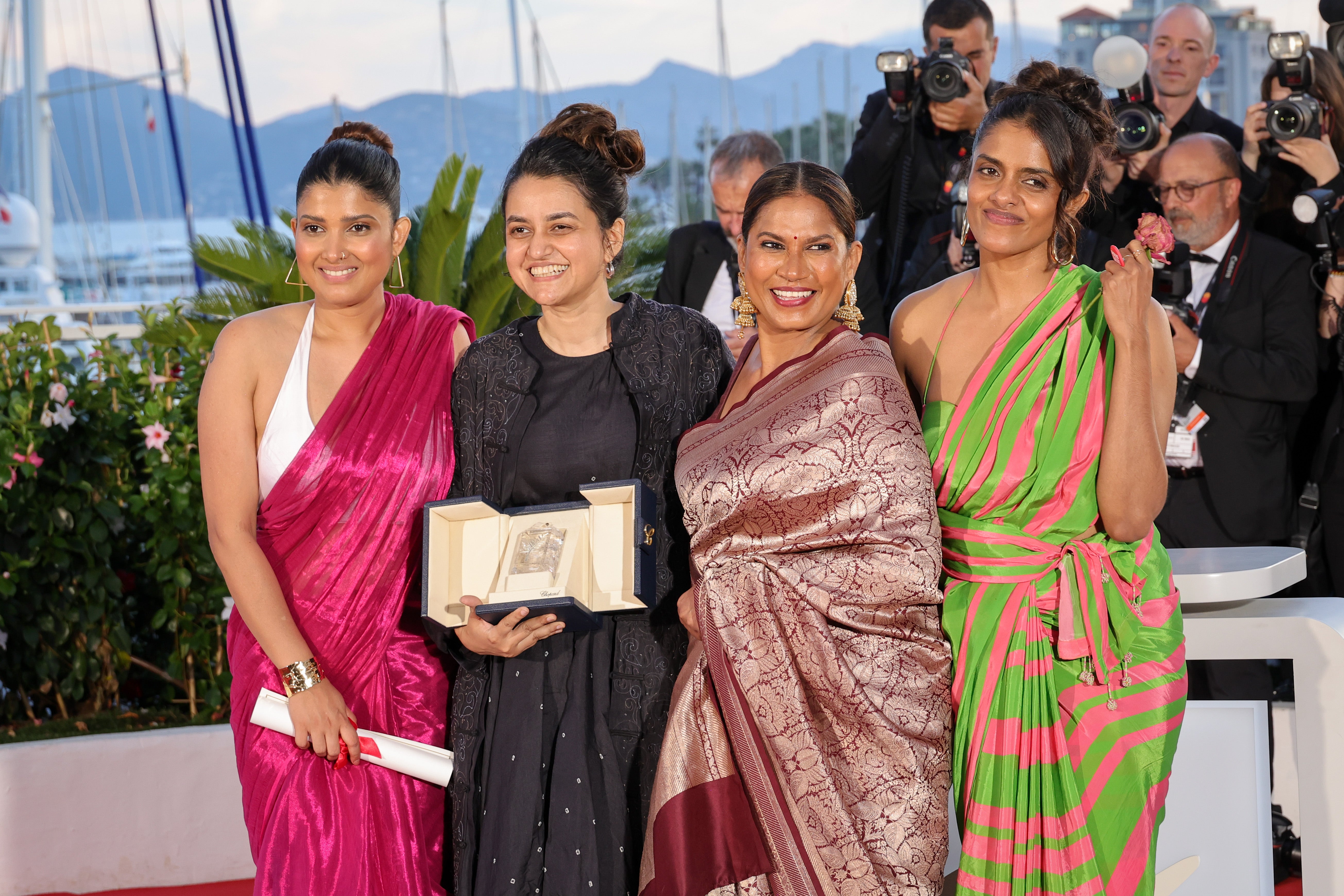 Divya Prabha, Payal Kapadia, Chhaya Kadam and Kani Kusruti pose with the Grand Prix Award for ‘All We Imagine As Light’ at the 2024 Cannes Film Festival