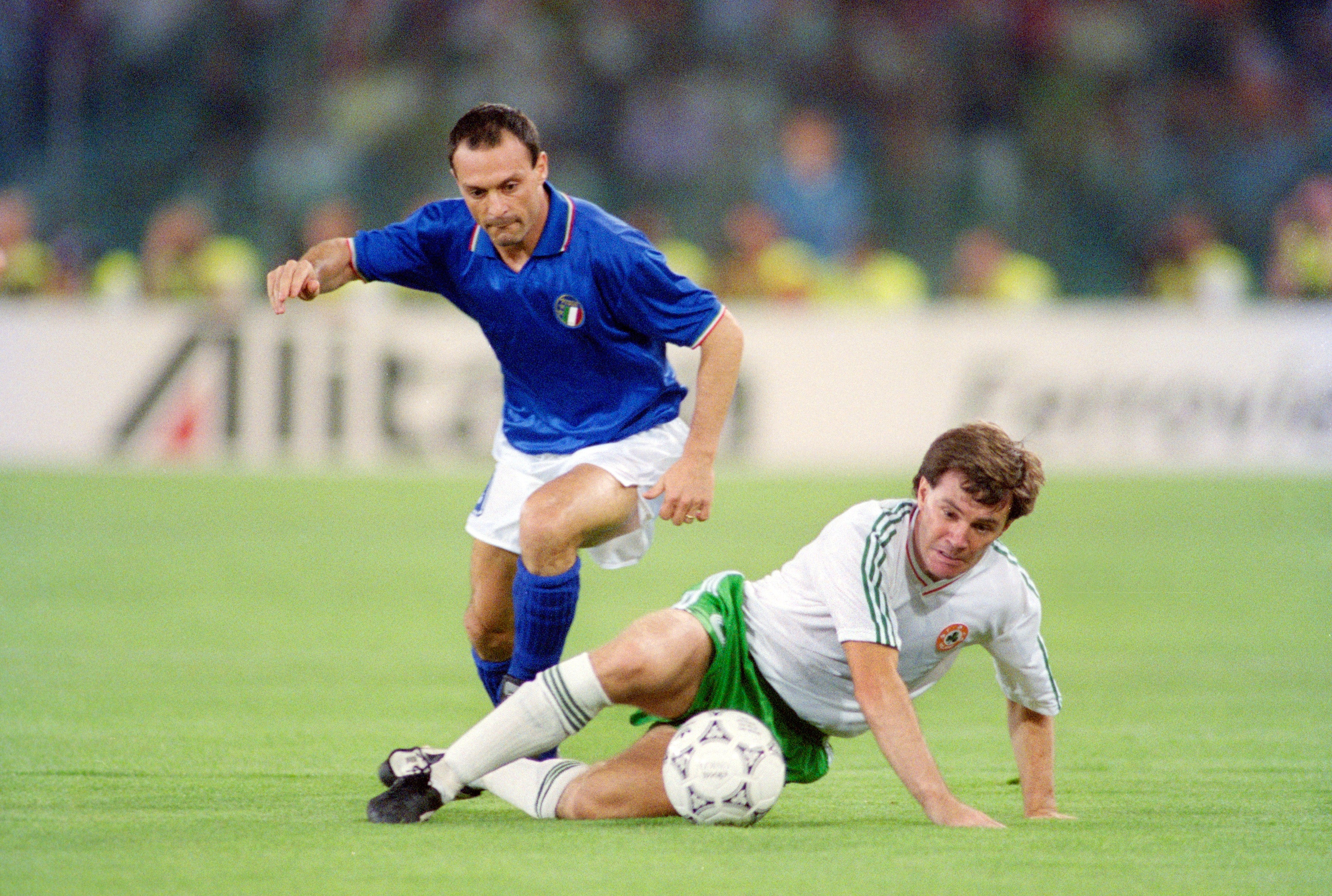 Schillaci and Republic of Ireland’s Ray Houghton in action during Italia ’90