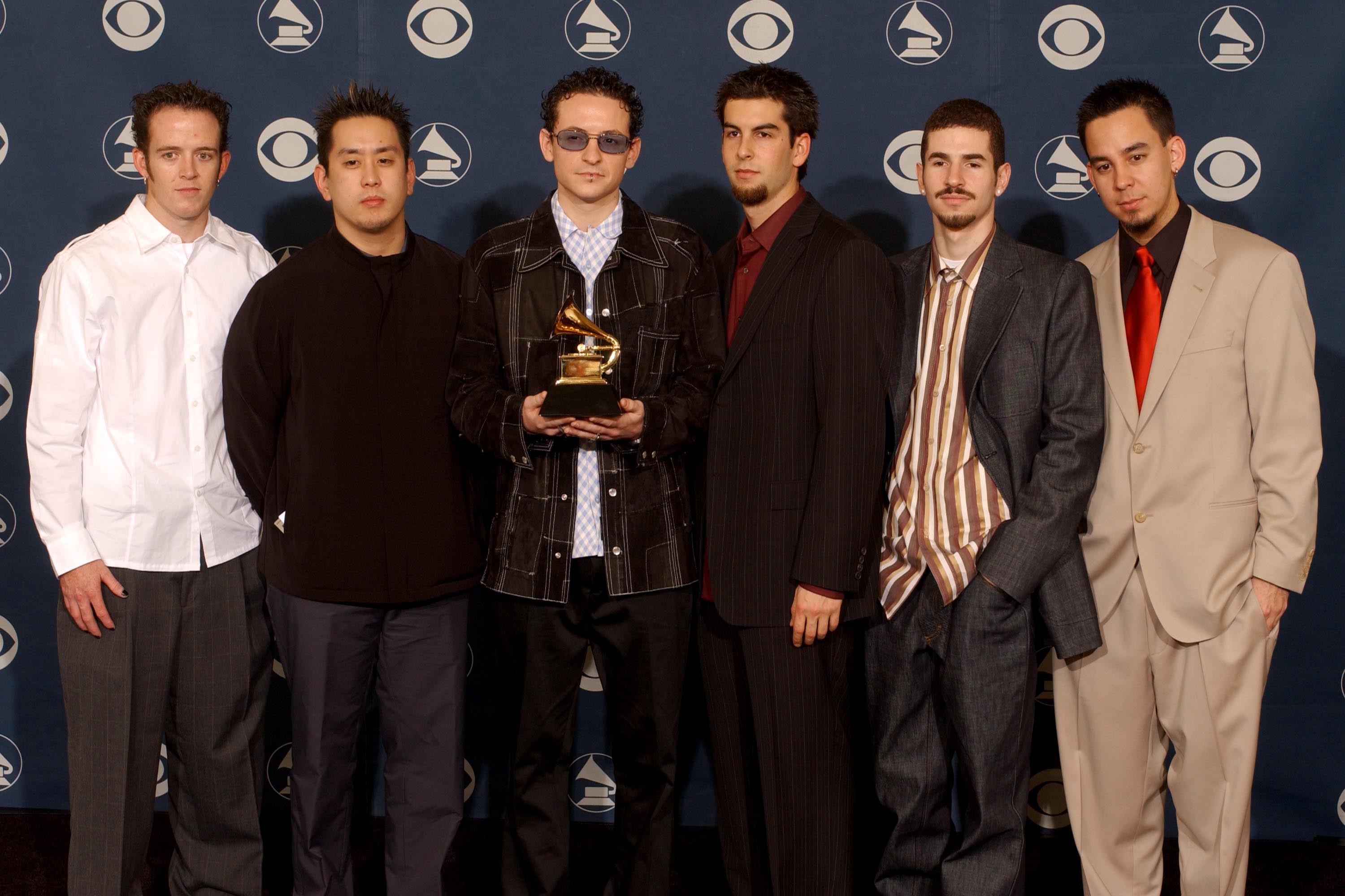 Linkin Park backstage during the 44th Annual Grammy Awards in 2002