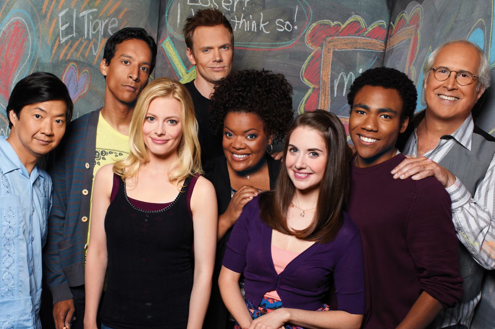 The cast from left to right: Ken Jeong, Danny Pudi, Gillian Jacobs, Joe McHale, Yvette Nicole Brown, Alison Brie, Donald Glover, Chevy Chase