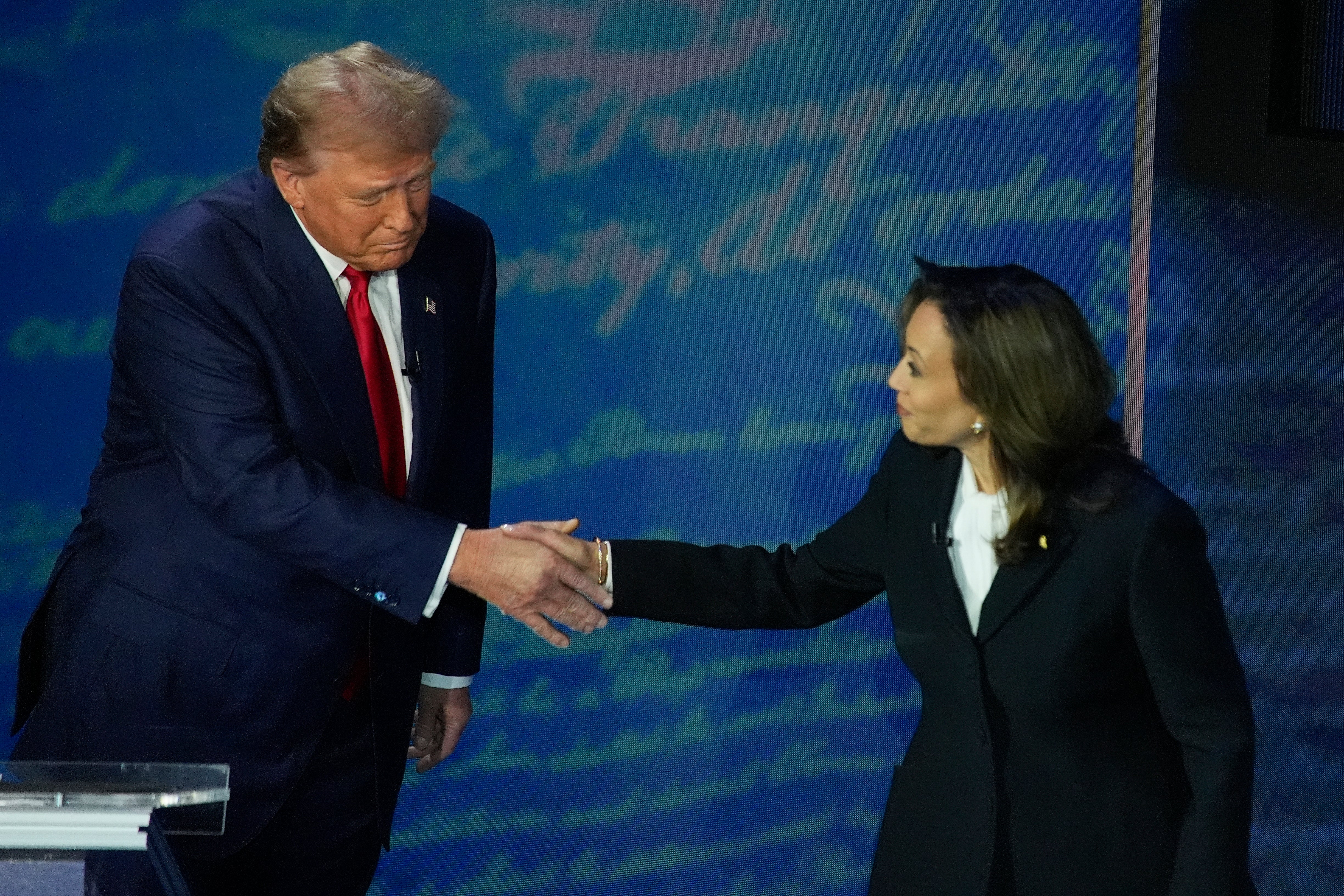 There was a strong political divide when people were asked what the biggest threats were to democracy. Pictured: Trump and Harris shake hands before their debate