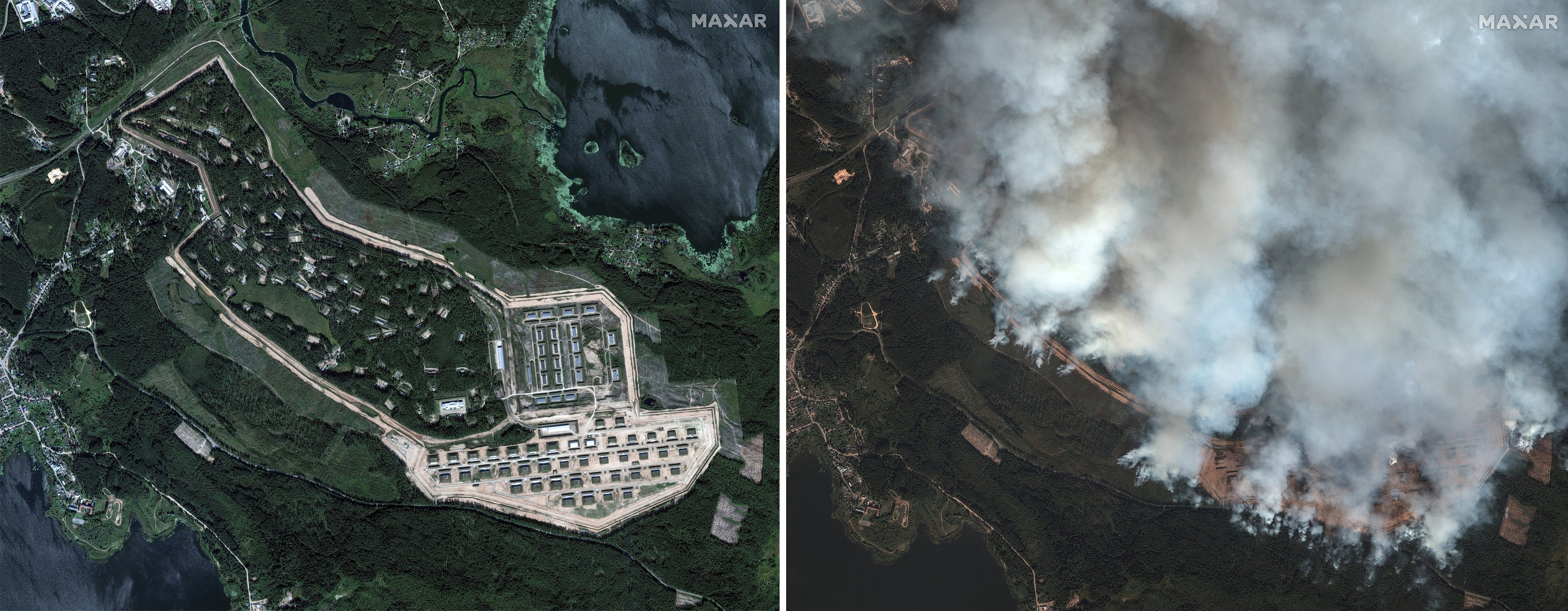Satellite images of the Toropets ammunition depot on 7 September (left) and after Wednesday’s strike (right)