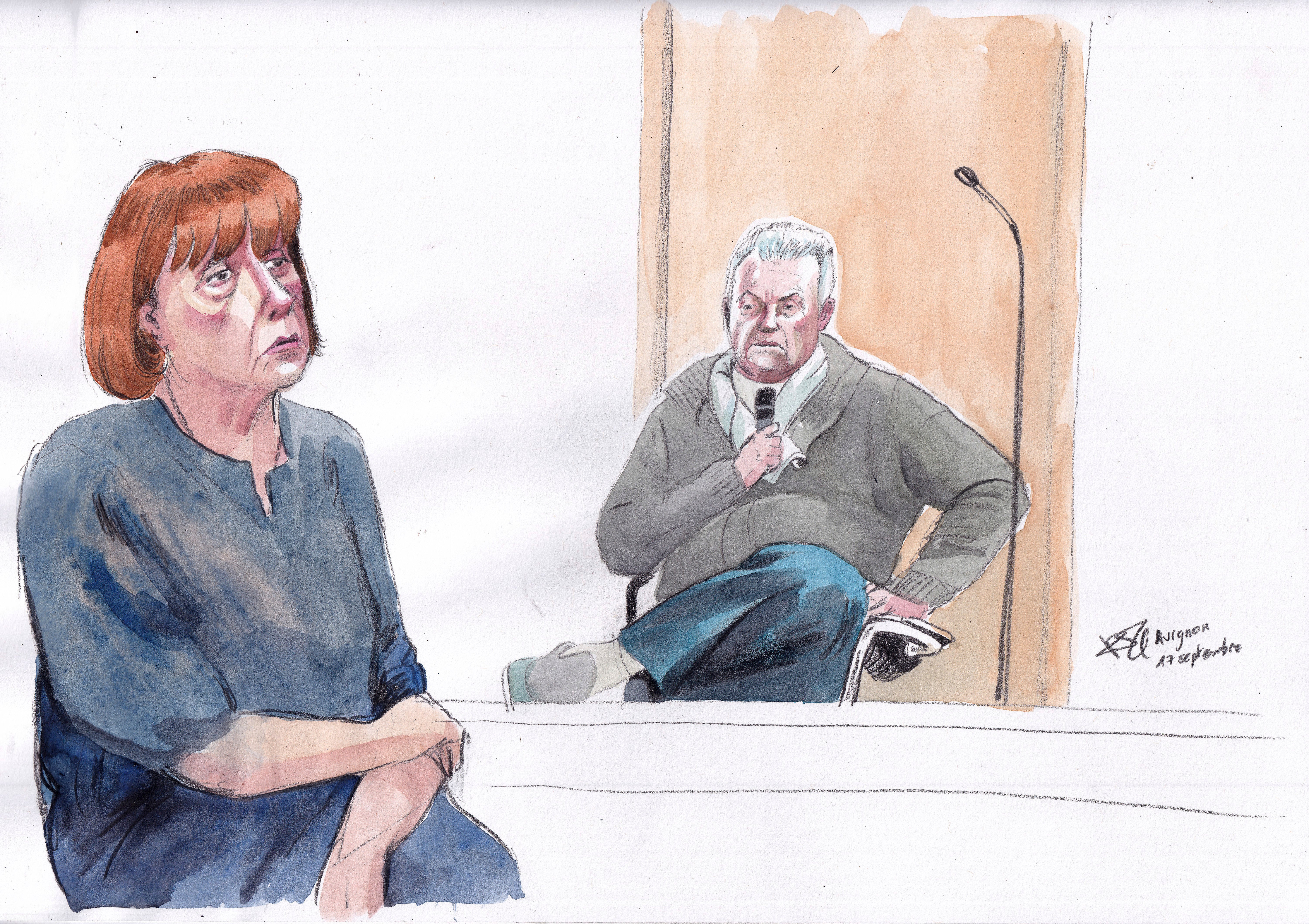 This courtroom sketch by Valentin Pasquier shows Gisèle Pelicot and her ex-husband Dominique Pelicot during his trial