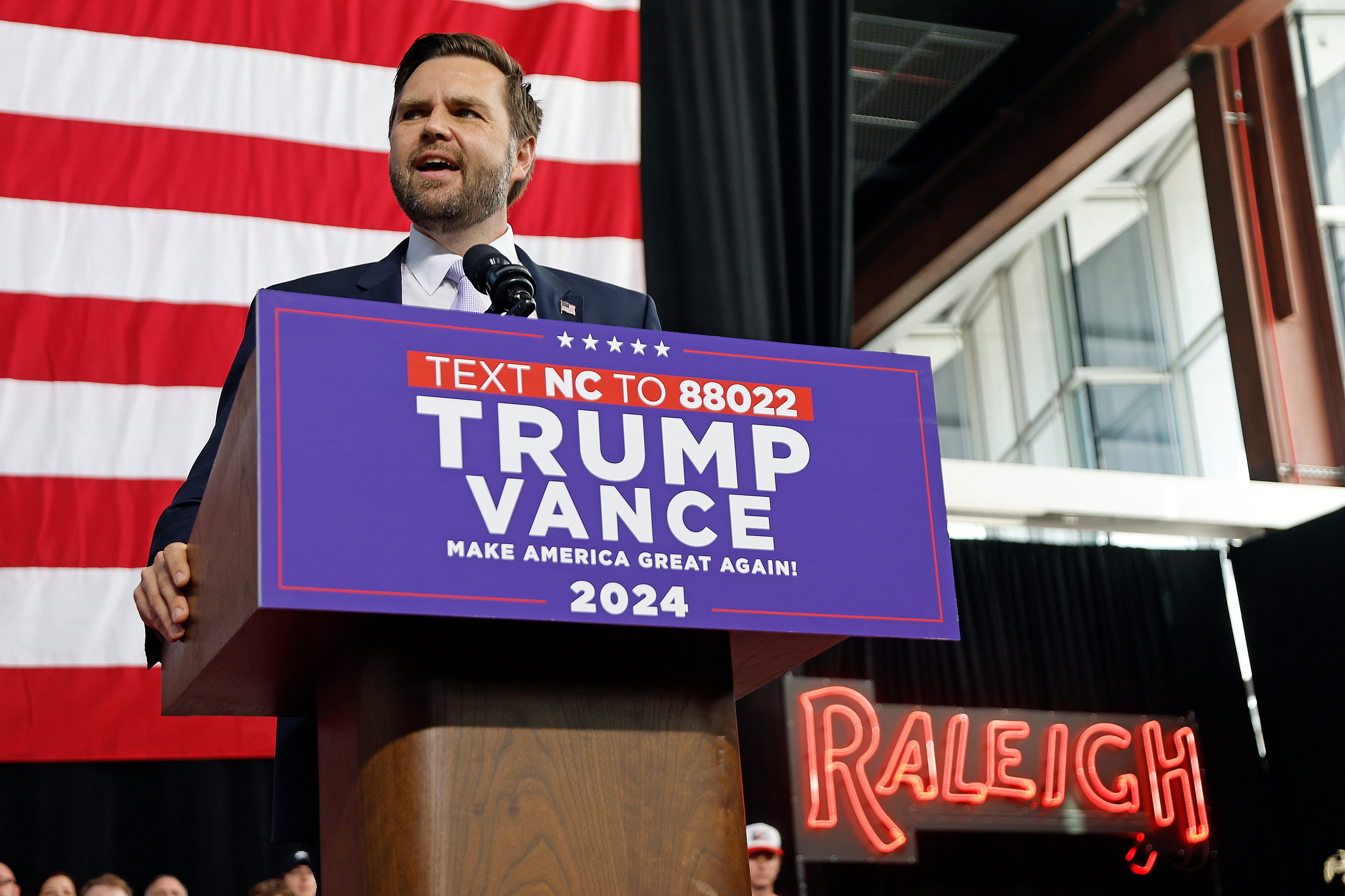 JD Vance speaks at a campaign event in Raleigh, North Carolina, where he mixed it up with reporters