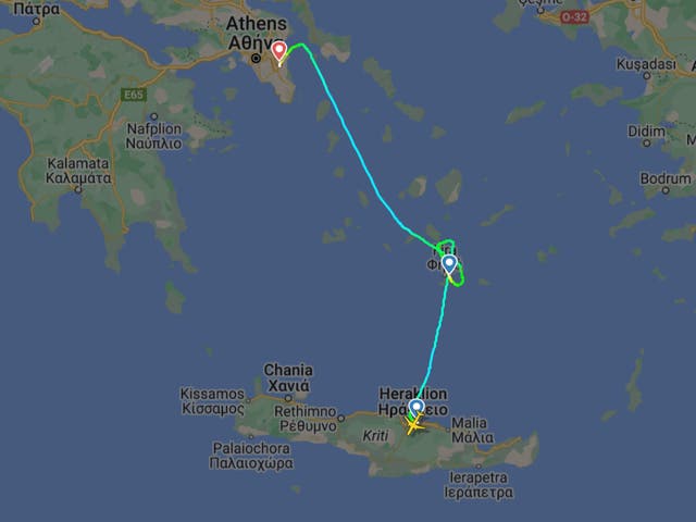 <p>Island hopping: Flightpath of easyJet plane from Heraklion attempting to land at Santorini before continuing to Athens</p>