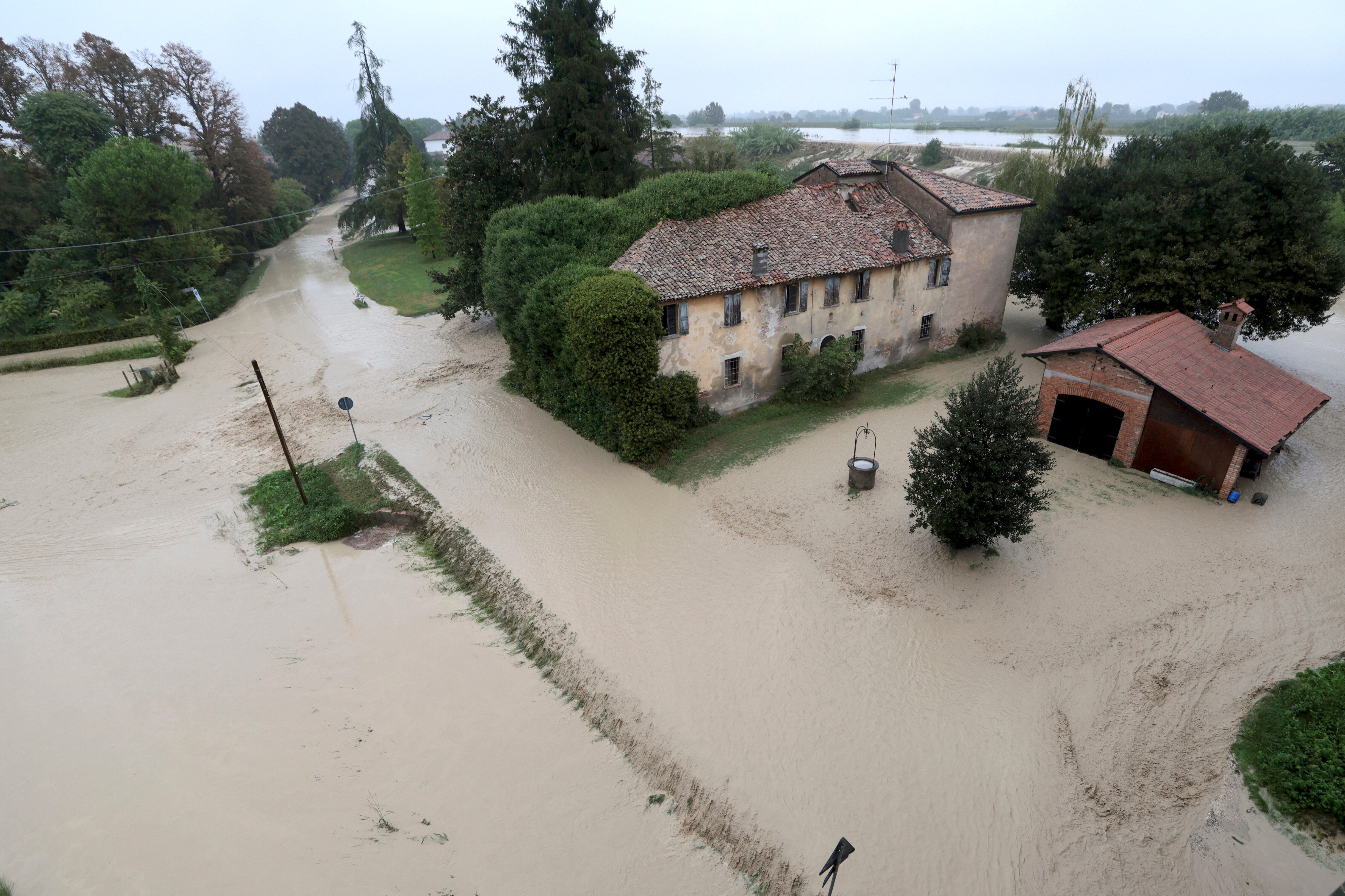 The Lamone river overflows its banks near Bagnacavallo, in the region of Emilia-Romagna, Italy