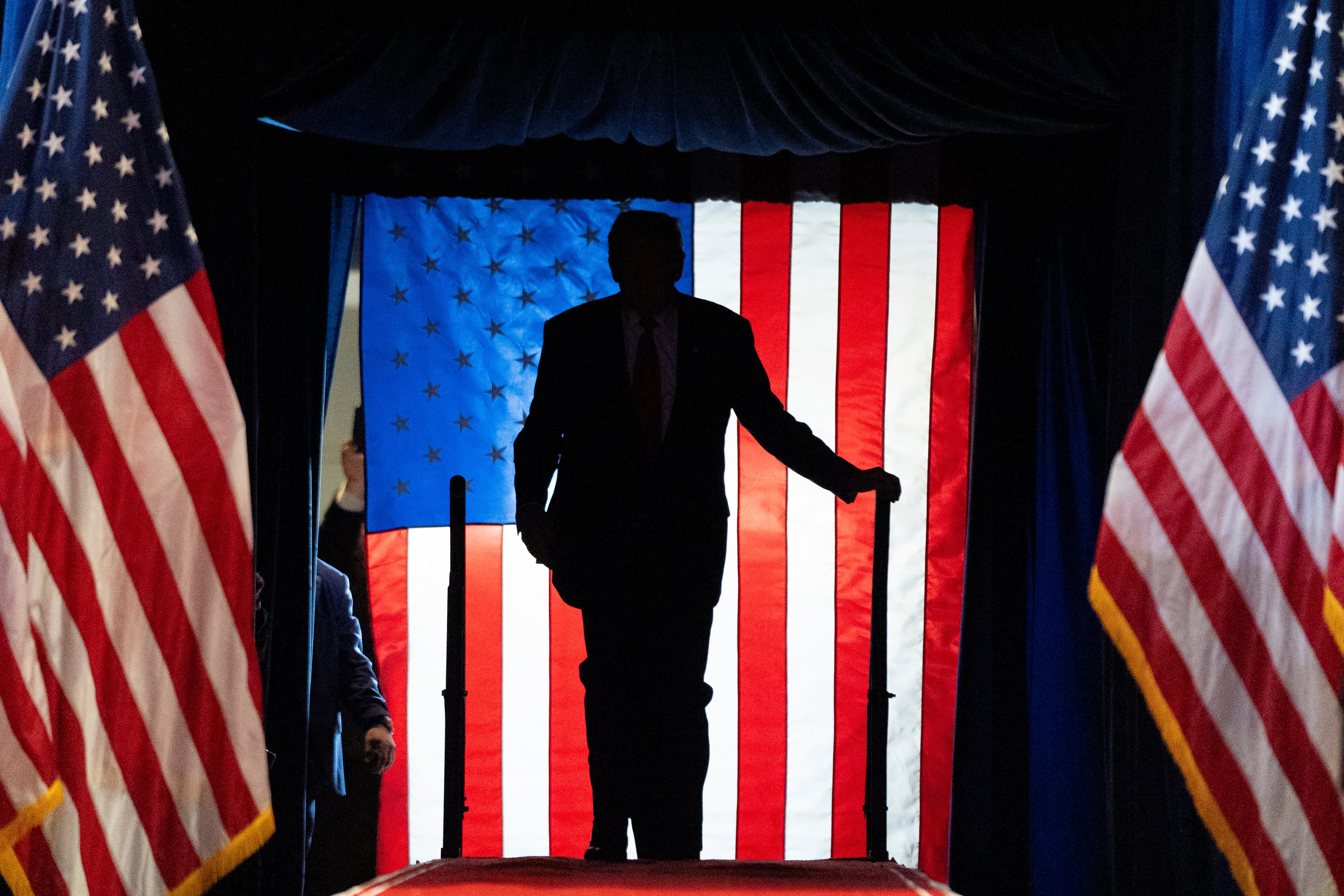 The silhouette of Donald Trump at his rally this week in Long Island, New York.