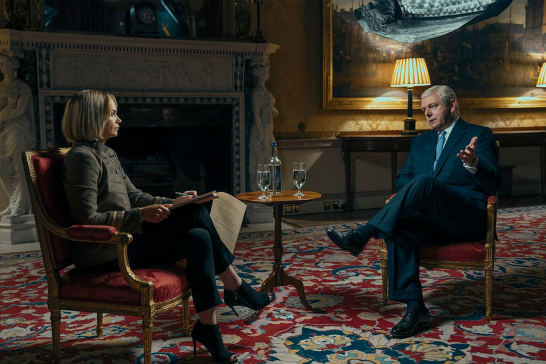 Ruth Wilson and Michael Sheen as Emily Maitlis and Prince Andrew in A Very Royal Scandal