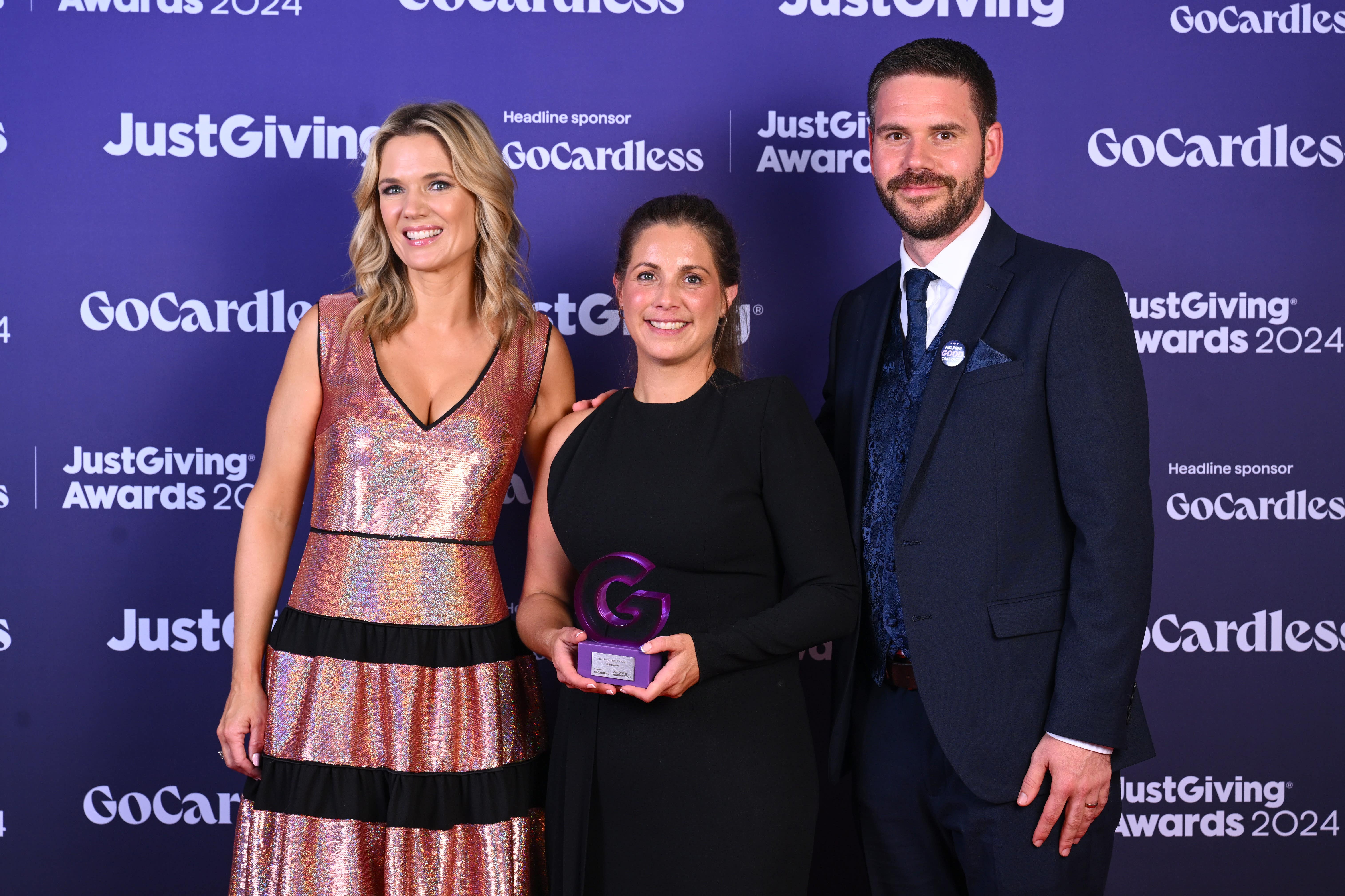 Lindsey Burrow, centre, pictured with presenters Charlotte Hawkins and JustGiving’s Casper Harratt (Matt Crossick/PA Photo Assignments)