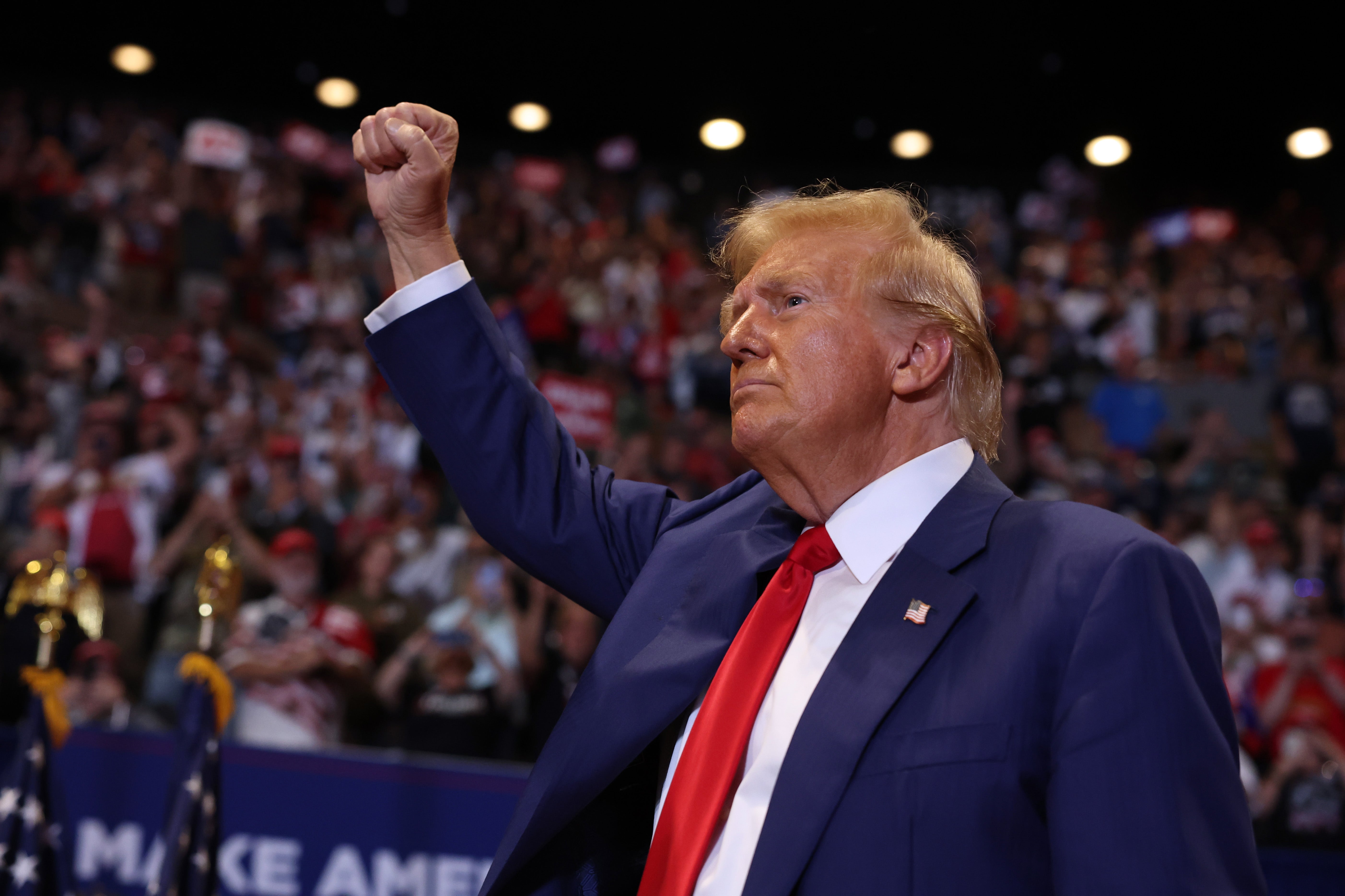 Republican presidential nominee, former president Donald Trump speaks at an evening rally in Uniondale on Long Island. He is now free to start selling his shares in Truth Social’s parent company on Thursday following a six-month-long lockup agreement