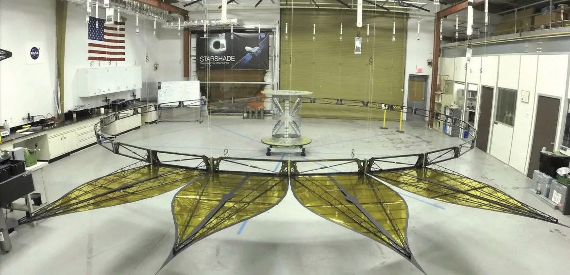 A prototype of the Starshade’s inner disk is demonstrated at NASA’s Jet Propulsion Laboratory in 2015. The Starshade is bigger than a football field, and could be a competitor to the coronagraph. It’s also “beautiful,” Dave Eggers said Tuesday.