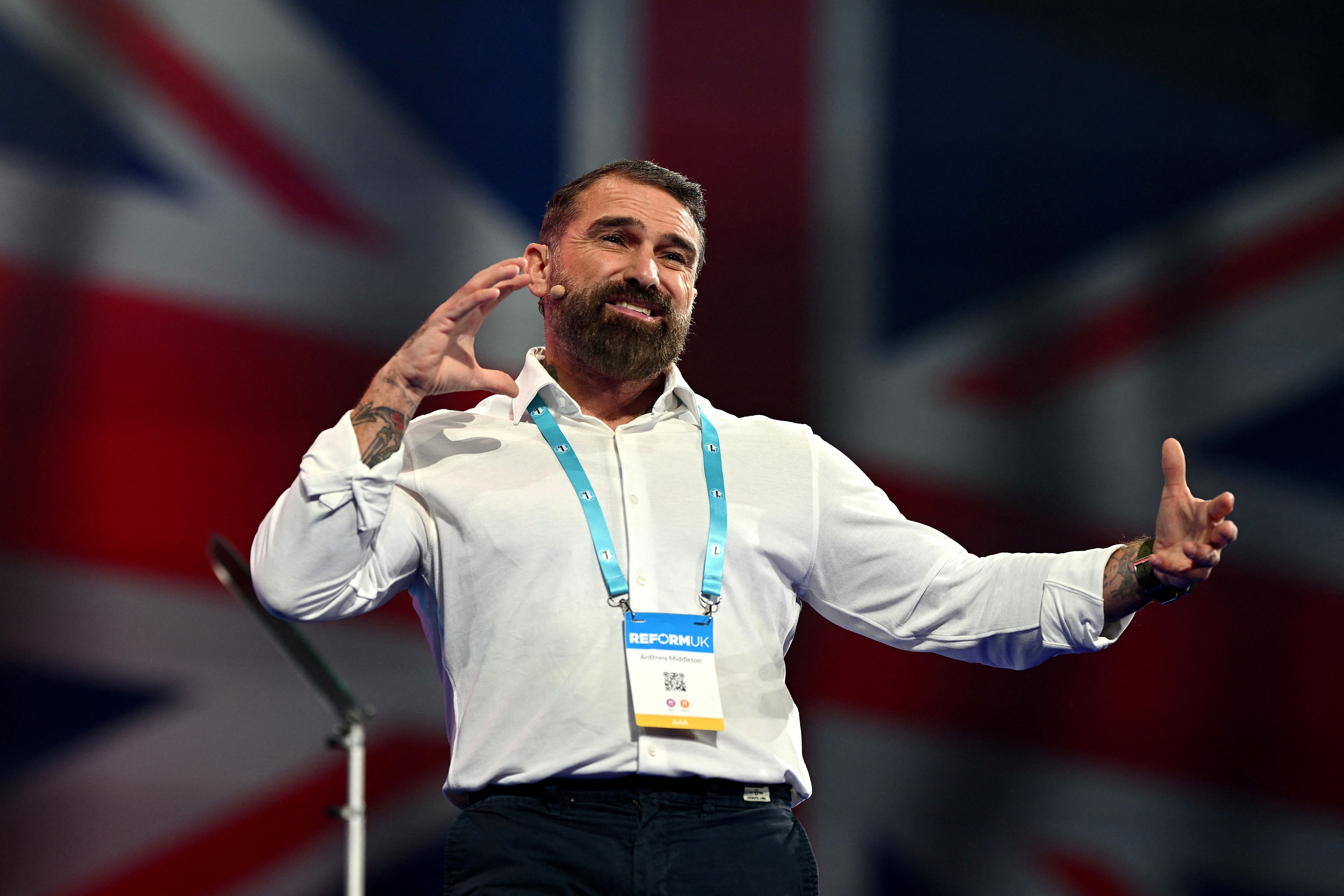 British TV personality and former soldier Ant Middleton delivers a speech on the opening day of the Reform UK 2024 annual Party Conference in Birmingham on September 20, 2024. (Photo by Oli SCARFF / AFP) (Photo by OLI SCARFF/AFP via Getty Images)
