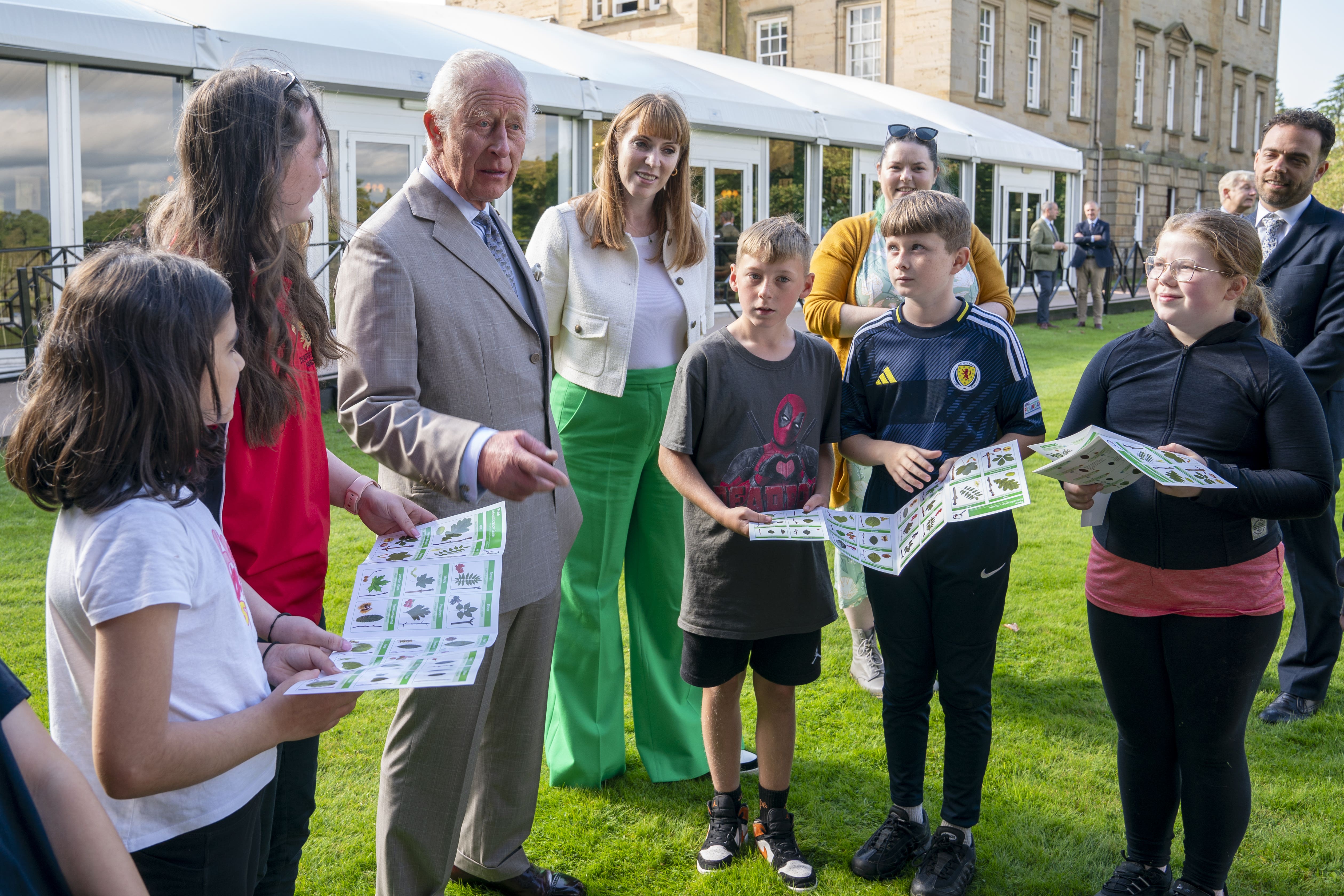 Charles and Deputy Prime Minister Angela Rayner meet staff and primary school students at Dumfries House (Jane Barlow/PA)