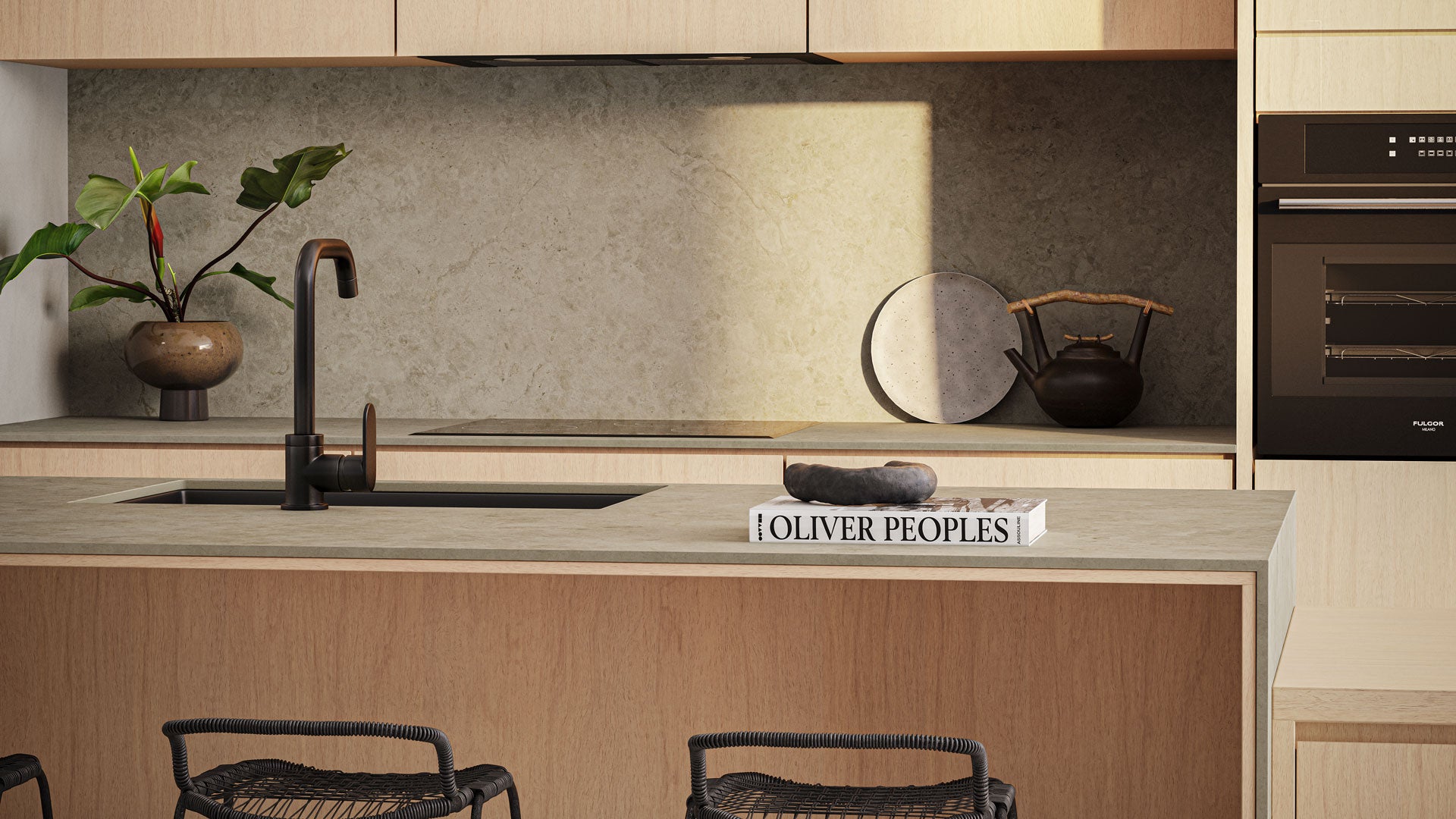 Stone-finished worktops add texture and subtle warmth to contemporary spaces