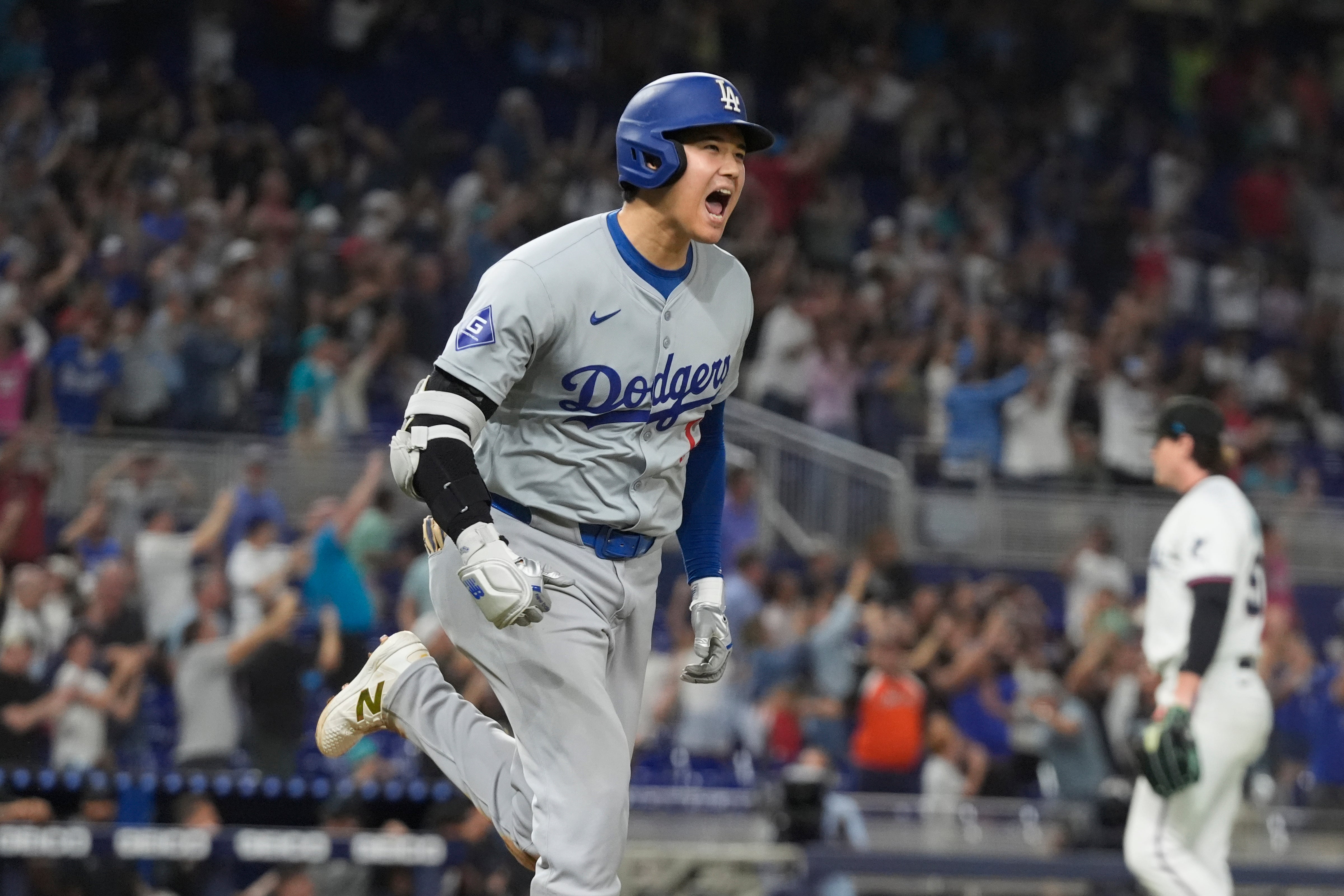 Ohtani celebrates a homerun