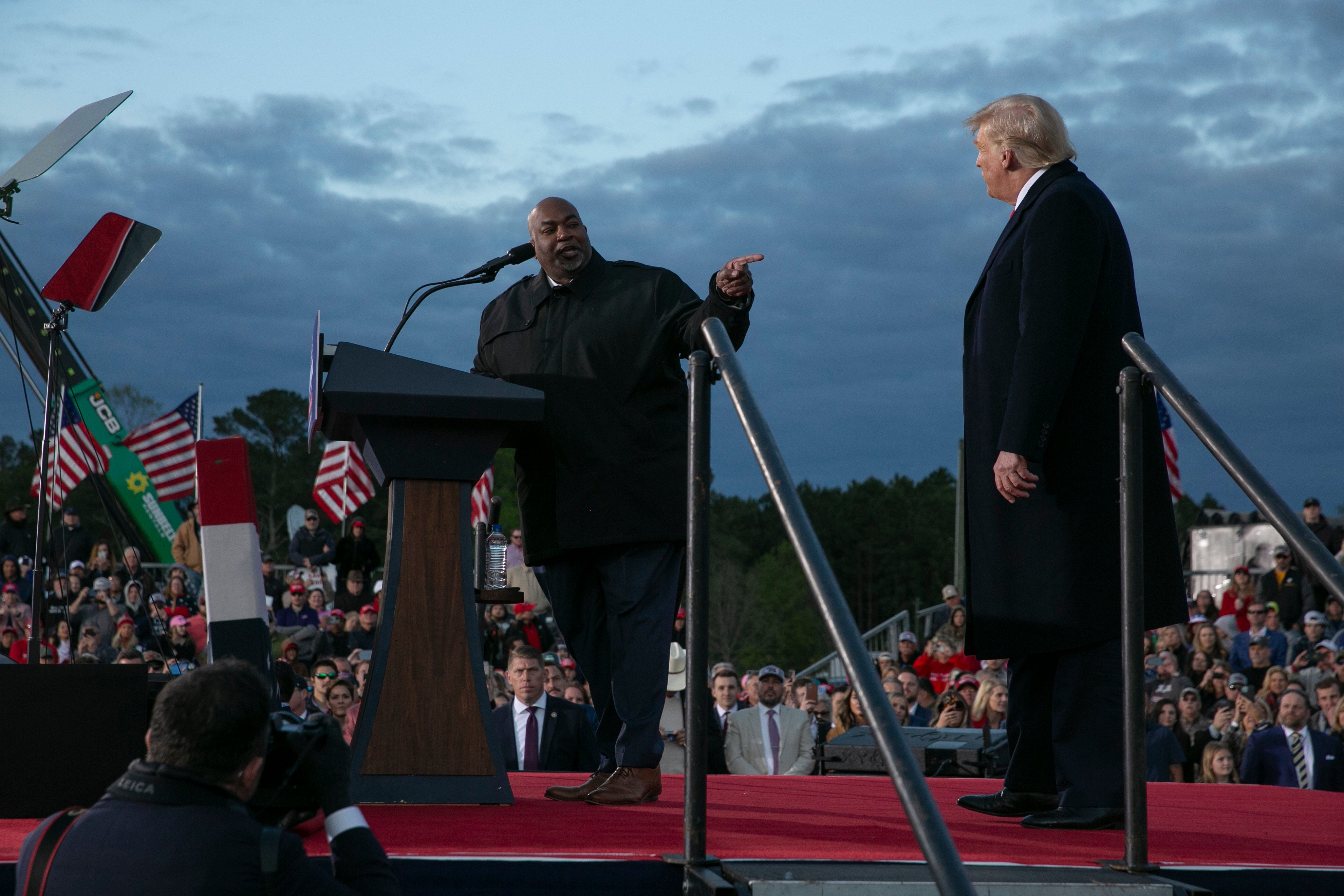 Mark Robinson on stage with Donald Trump at a 2022 rally in Selma, North Carolina