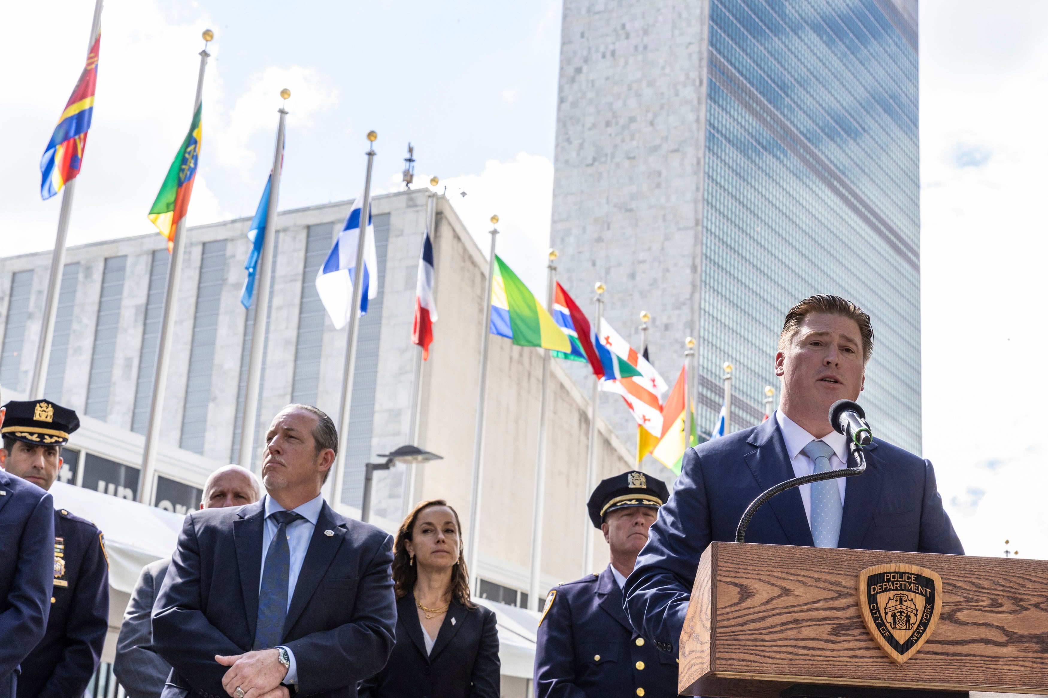 Secret Service Special Agent in Charge Patrick Freaney speaks at a news conference outside the United Nations Headquarters. New York area authorities are working to protect 140 world leaders next week