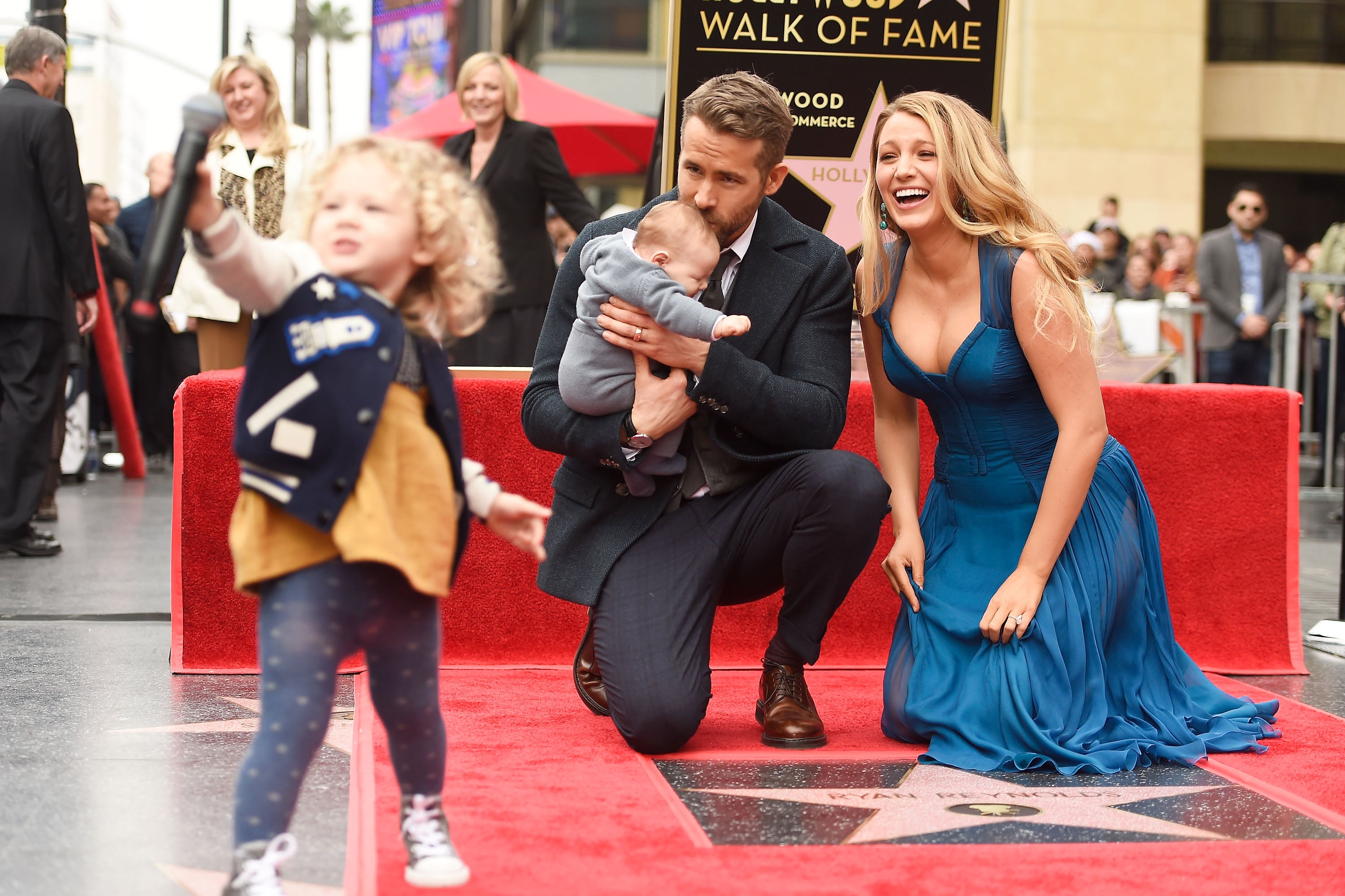 Ryan Reynolds with his wife Blake Lively and their daughters on the Hollywood Walk of Fame