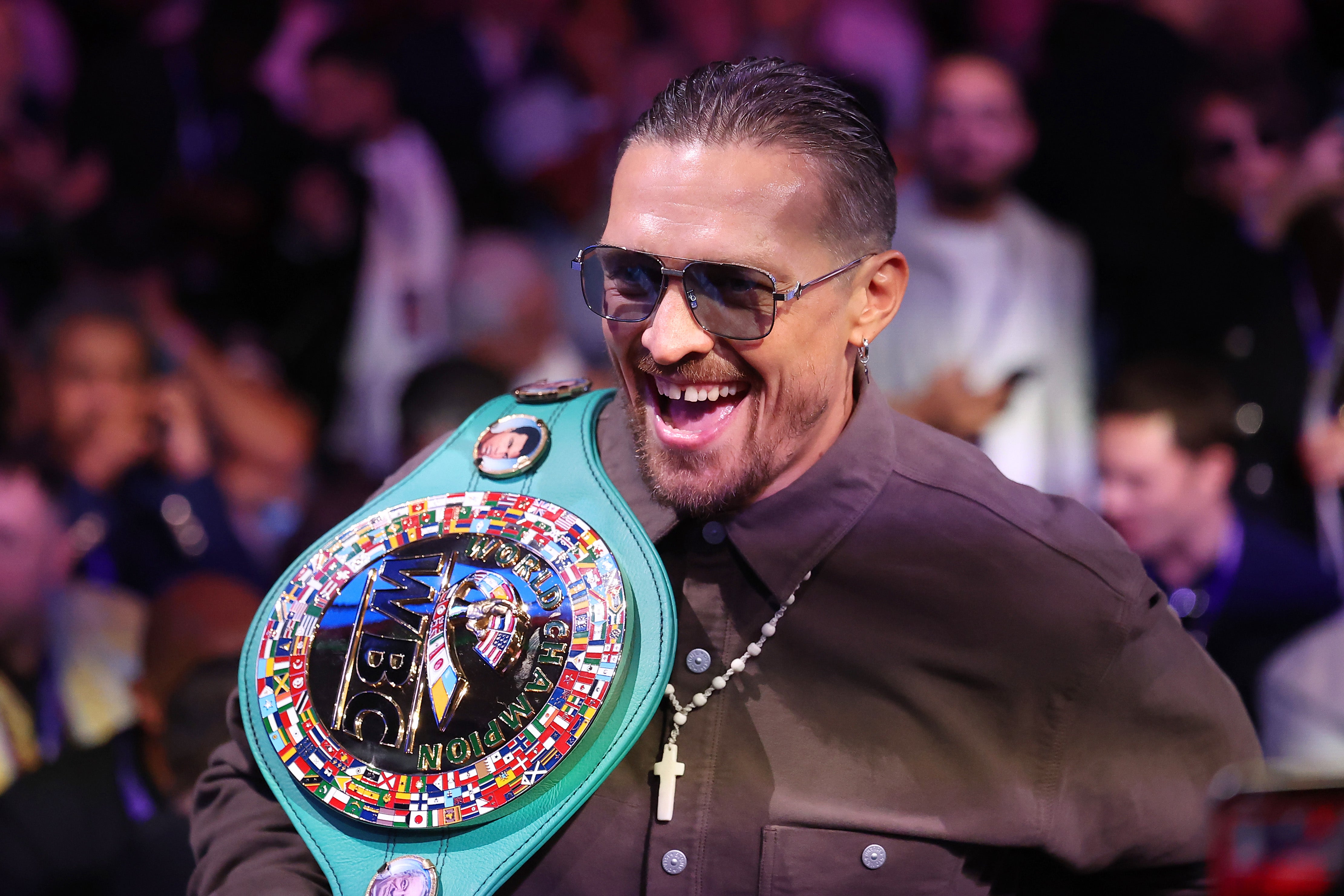 Oleksandr Usyk arrives at Wembley to watch the big fight