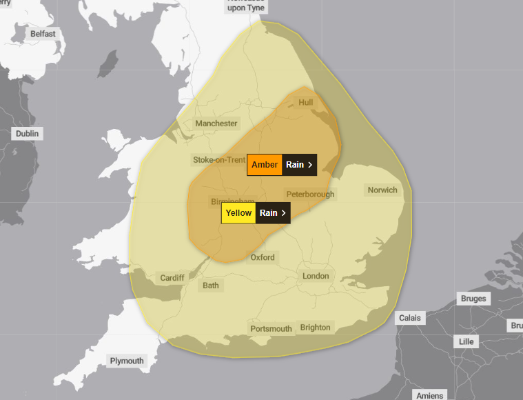 Areas within the amber warning could see up to 120mm of rain