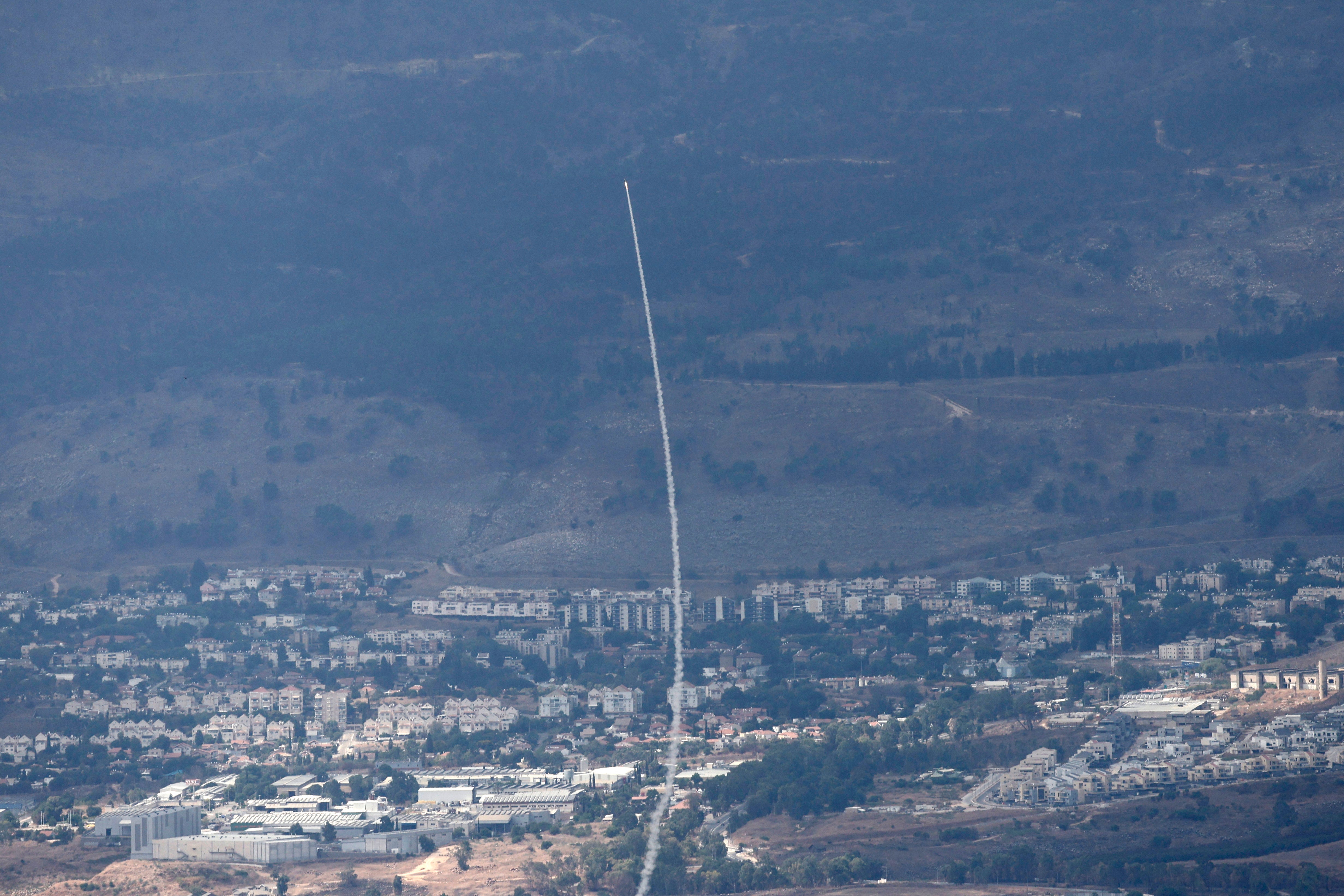 A rocket from Israel’s Iron Dome air defence system is fired to intercept rockets from Lebanon on Sunday