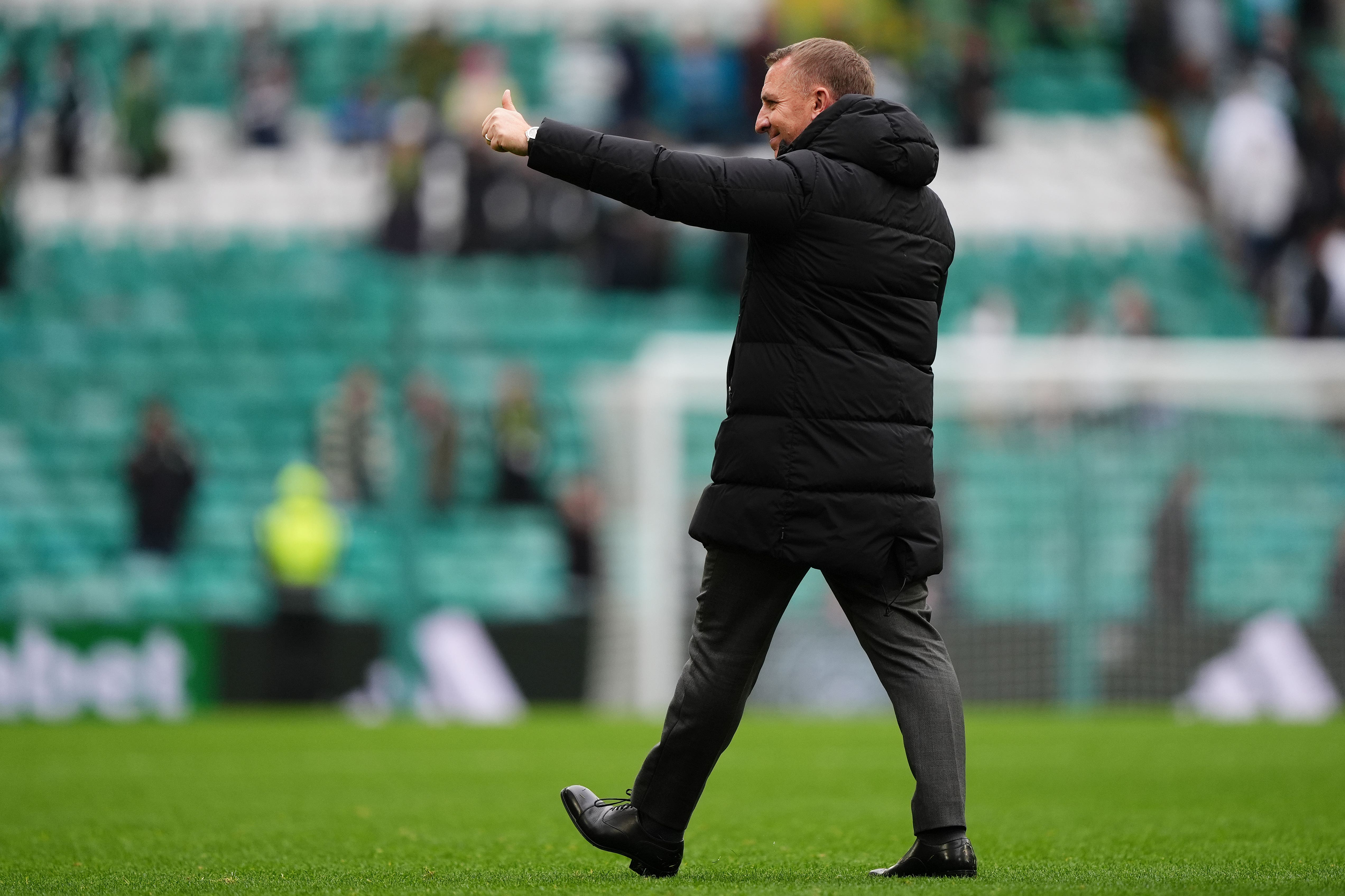 Celtic manager Brendan Rodgers gestures towards the fans after the Premier Sports Cup, quarter-final match at Celtic Park, Glasgow. Picture date: Sunday September 22, 2024.