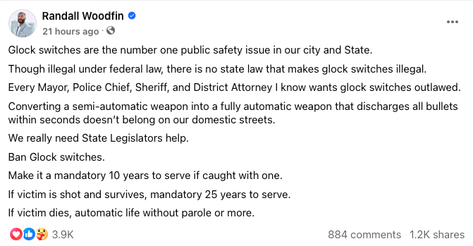 Mayor Randall Woodfin took to Facebook to condemn the gun violence causing his city to suffer, and blamed Glock switches as the ‘number one public safety issue in our city and state’