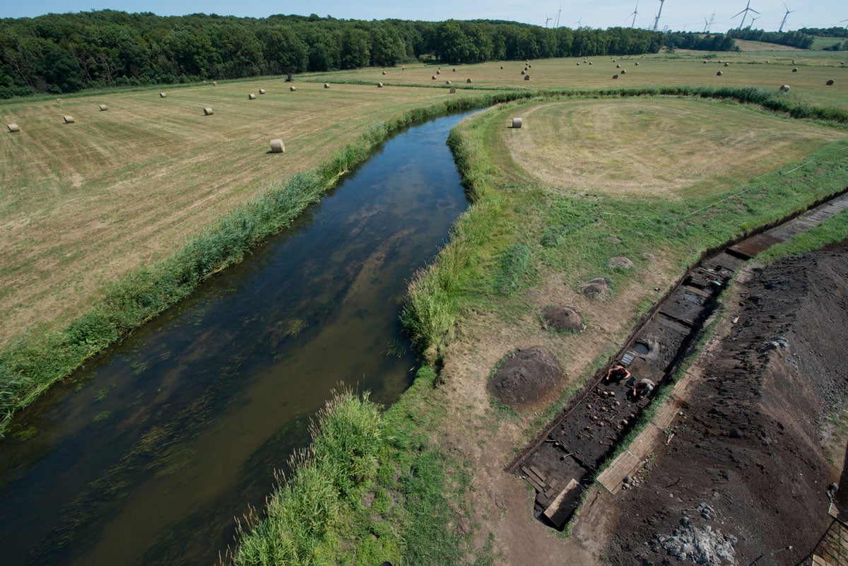 This aerial view shows northern Germany’s Tollense Valley and the archaeological excavations that have been unearthing the secrets of Bronze Age warfare