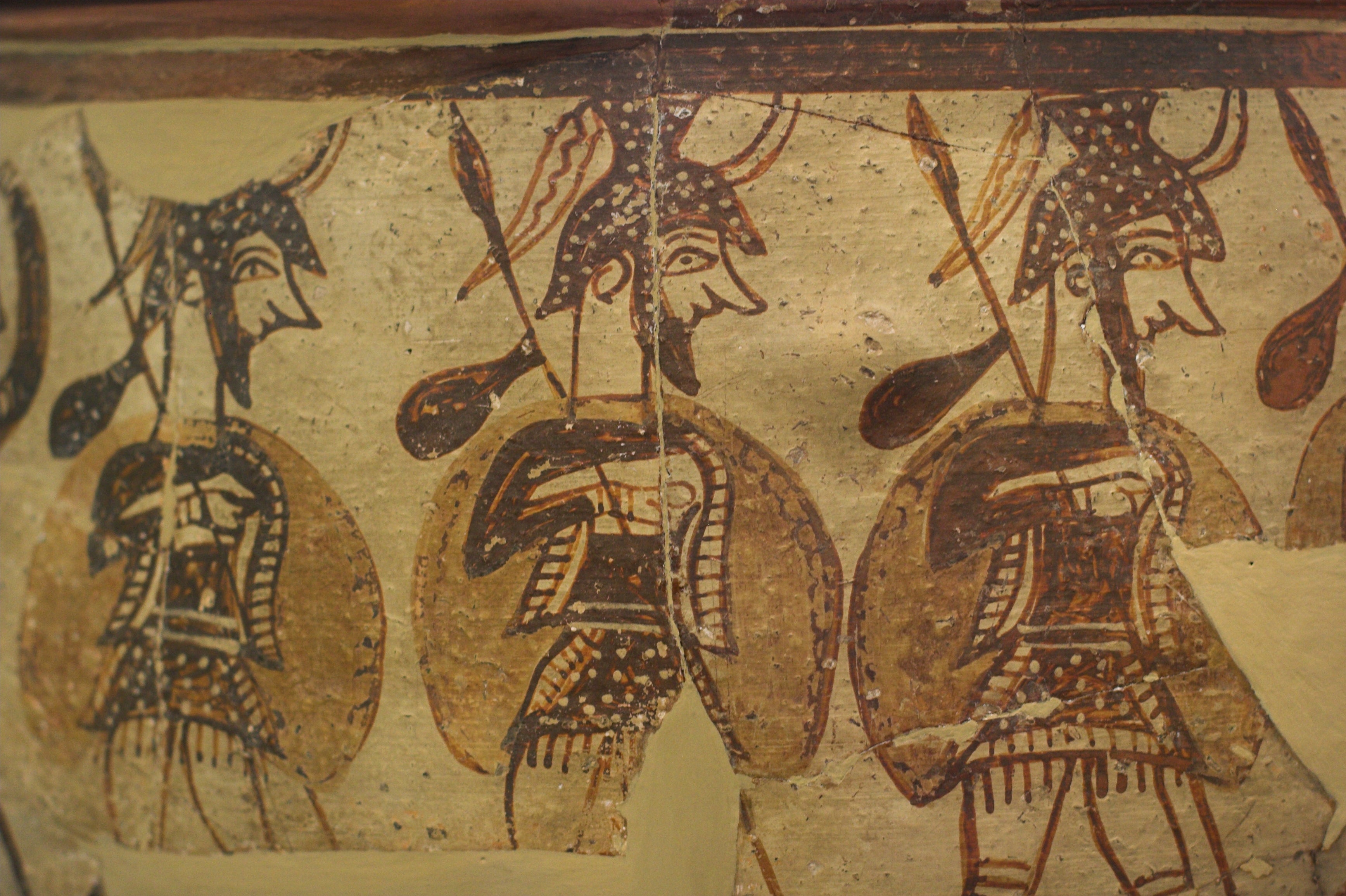 Mycenaean soldiers, painted on 12th century BC pottery hint at the widespread insecurity of the Late Bronze Age Collapse