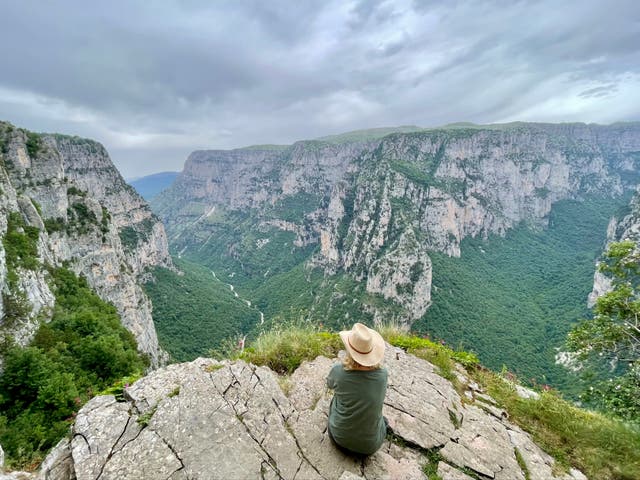 <p>Fiona McIntosh takes in the view over Vikos Gorge in Greece</p>