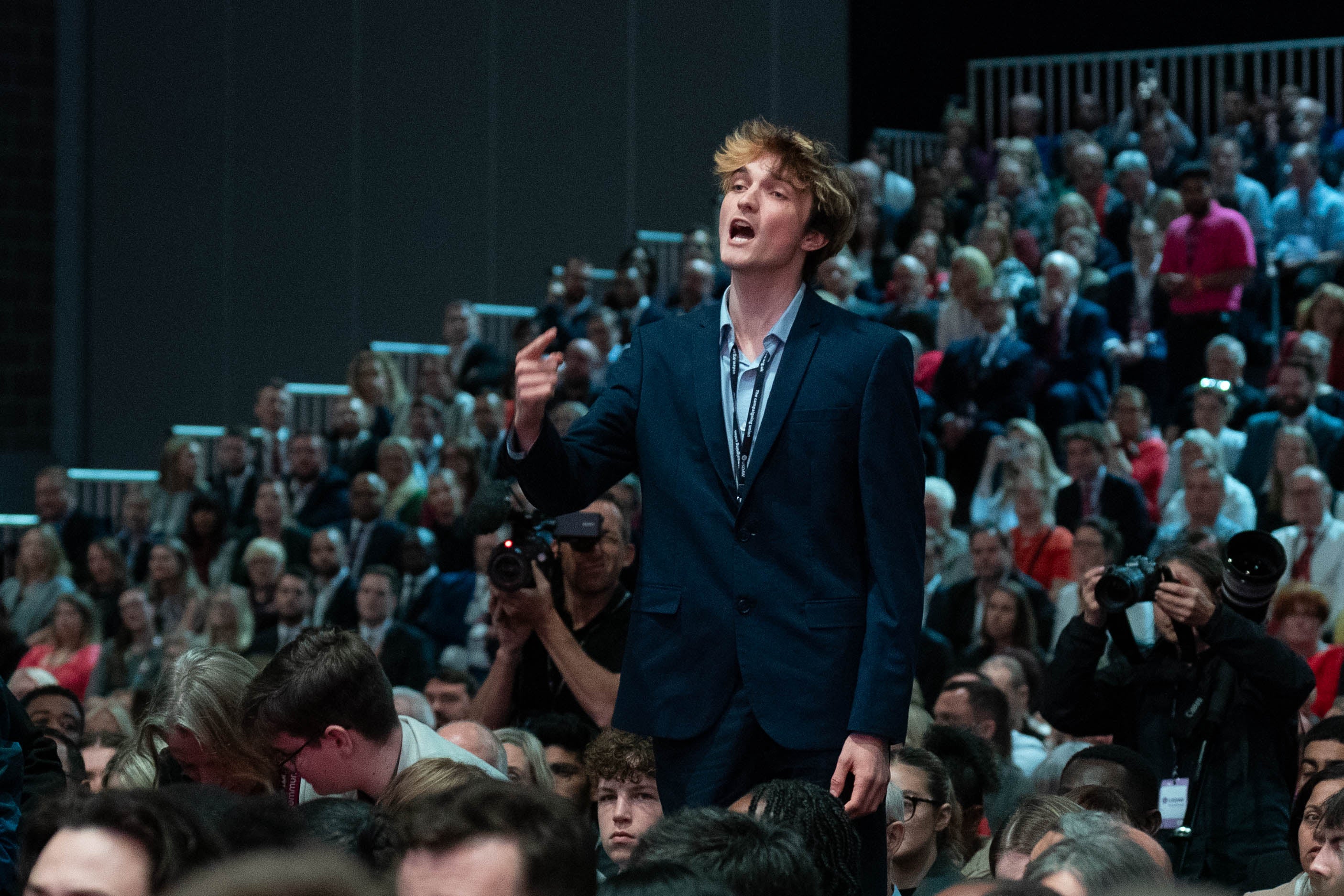 A protester interrupts Chancellor of the Exchequer Rachel Reeves during her speech at the Labour Party Conference at the ACC Liverpool