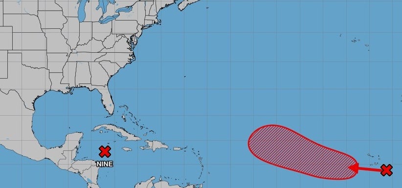 A map shows Potential Tropical Cyclone Nine as it moves northward toward the Gulf Coast on Monday. The storm is expected to strengthen into a hurricane later this week. Some impacts are forecast in Florida, but the magnitude of those impacts remains unclear thus far