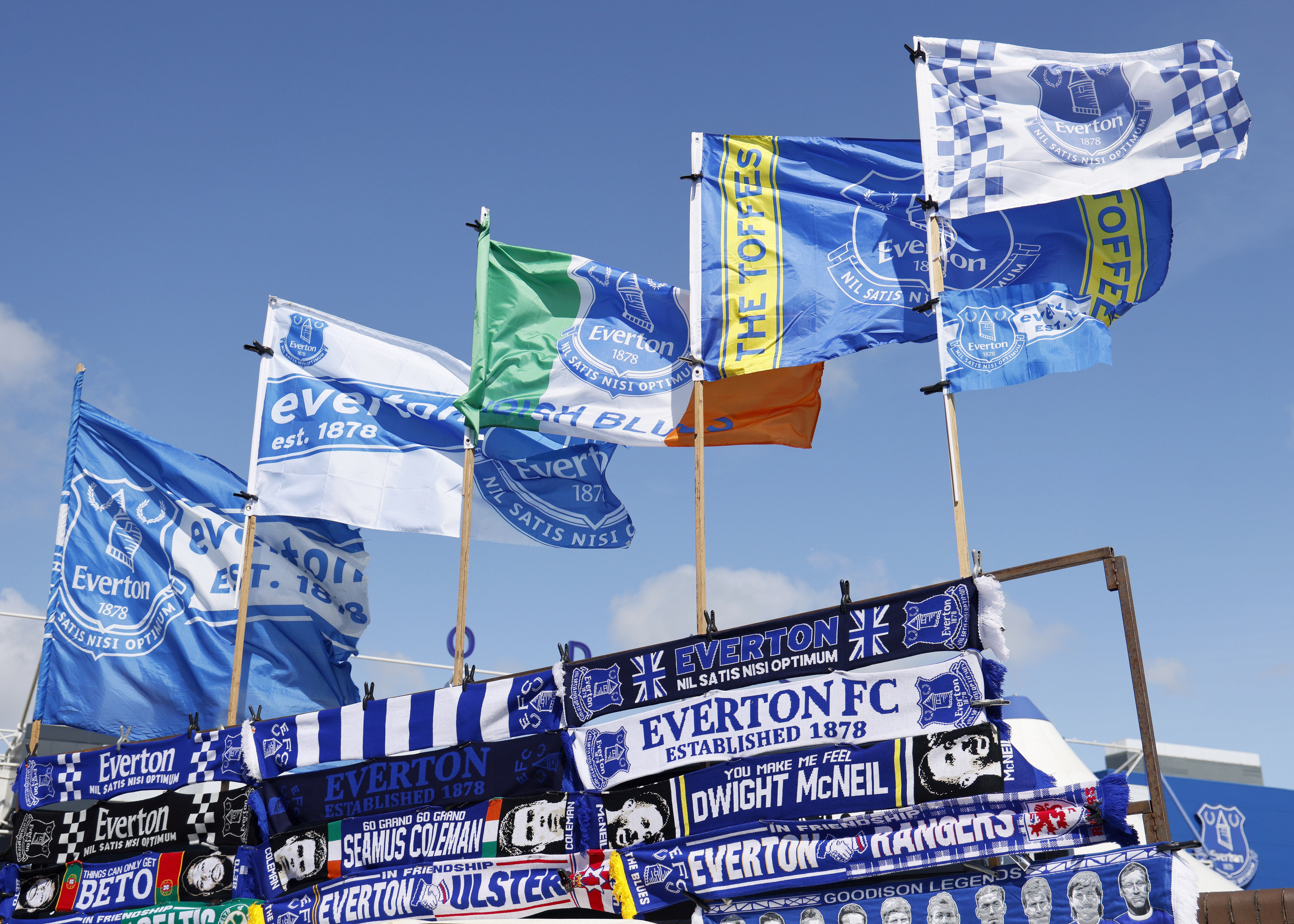 Everton flags and scarves on sale outside Goodison Park