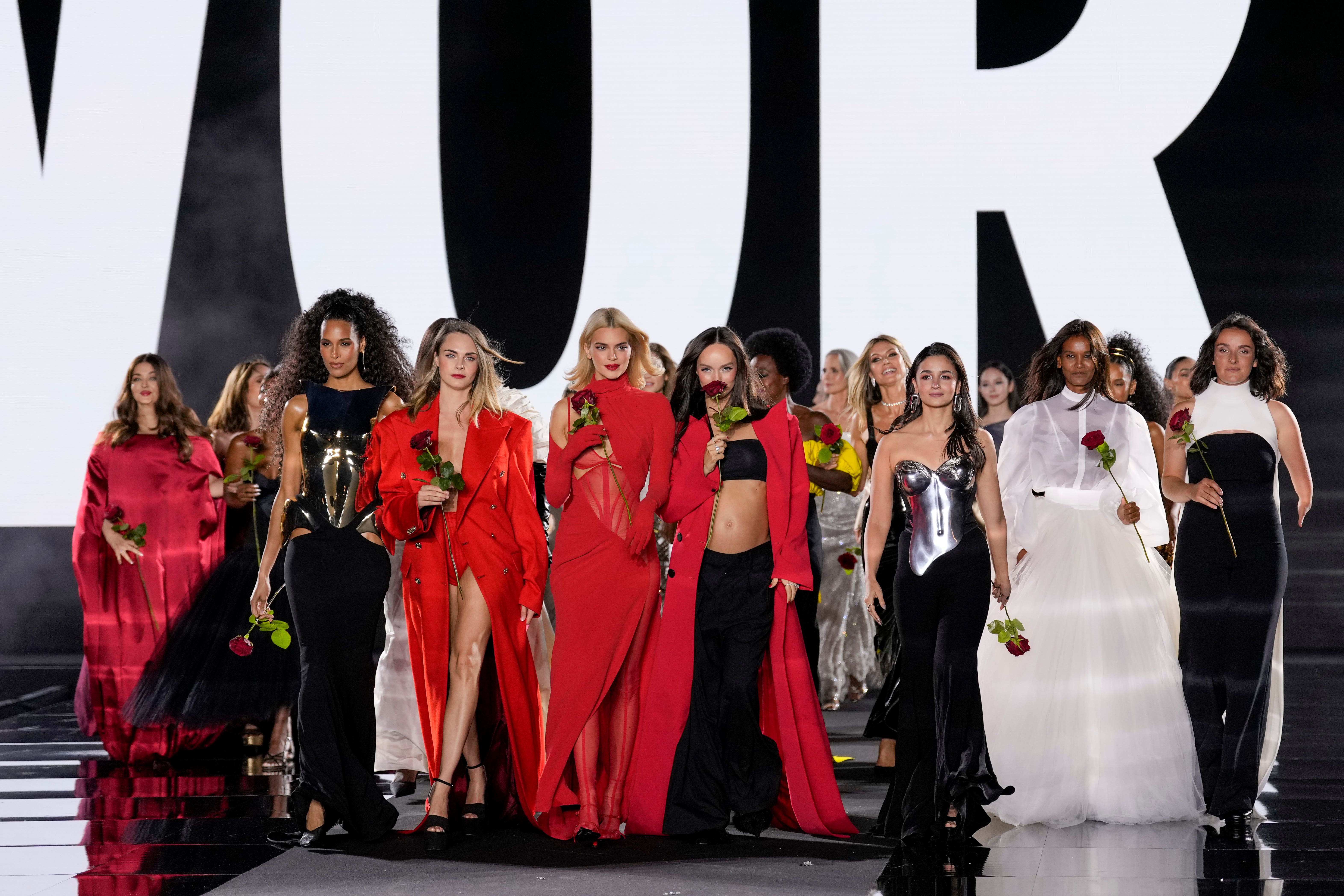 Cindy Bruna, Cara Delevingne, Kendall Jenner, Luma Grothe, Alia Bhatt, Liya Kebede and Marie Bochet kicked off Paris Fashion Week with L’Oreal (AP/Aurelien Morissard)