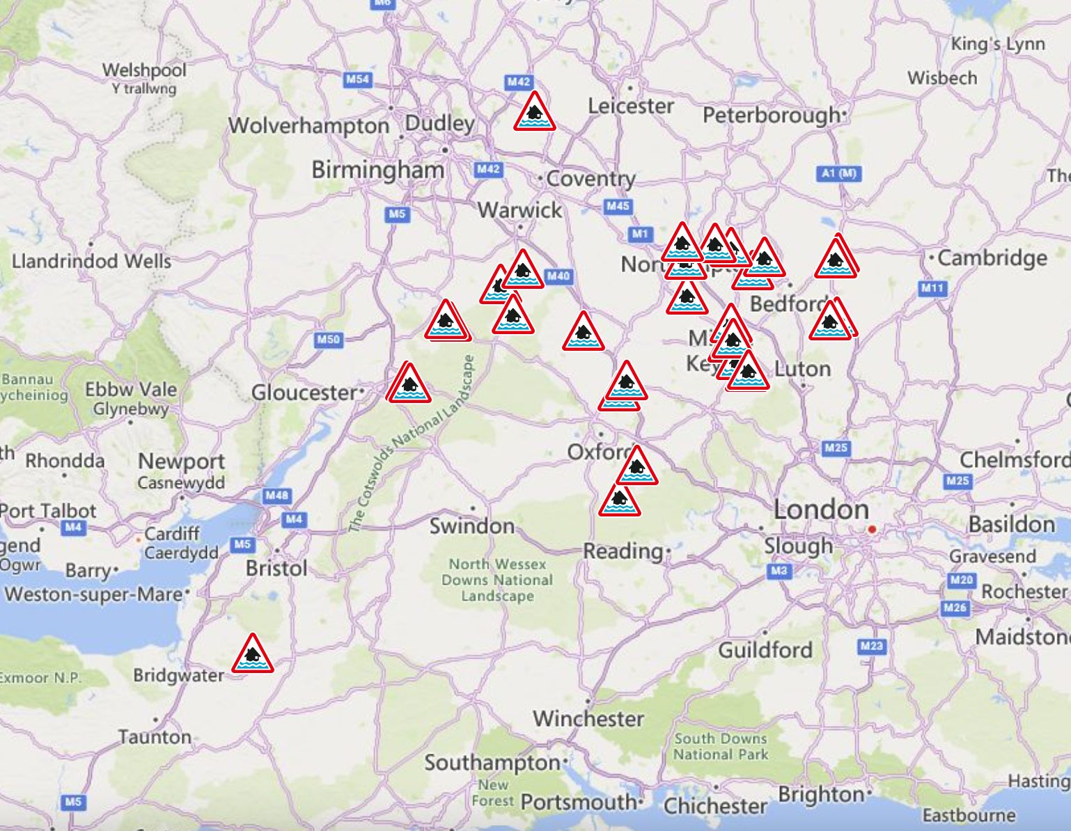 The Environment Agency warned flooding was expected in 30 areas