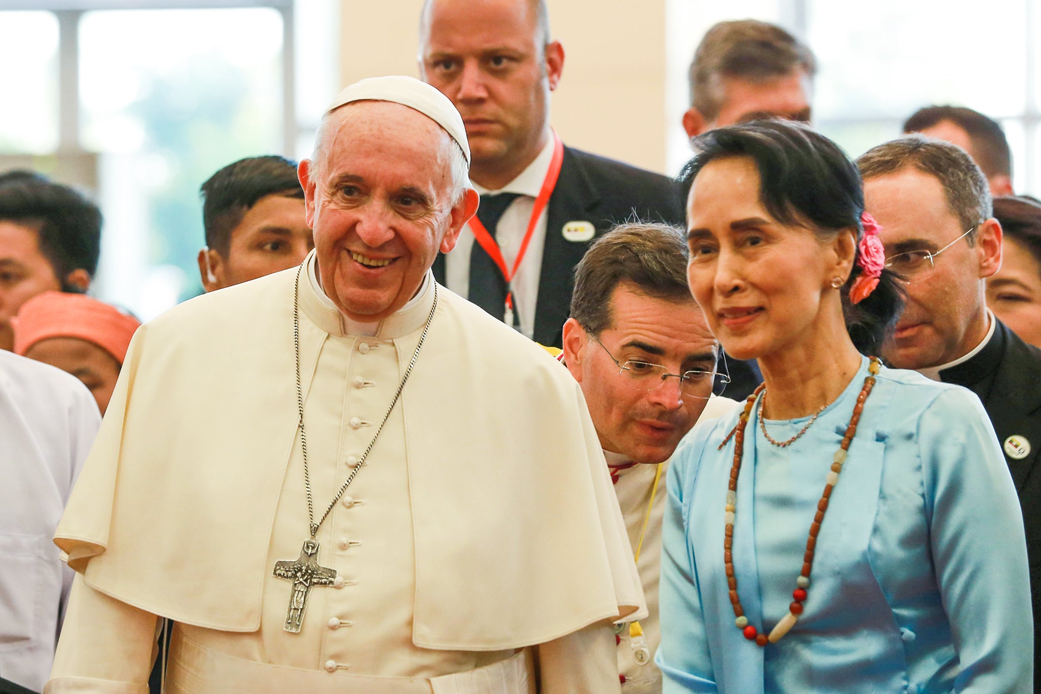 Pope Francis with Aung San Suu Kyi at an event in Naypyidaw, Myanmar, in 2017