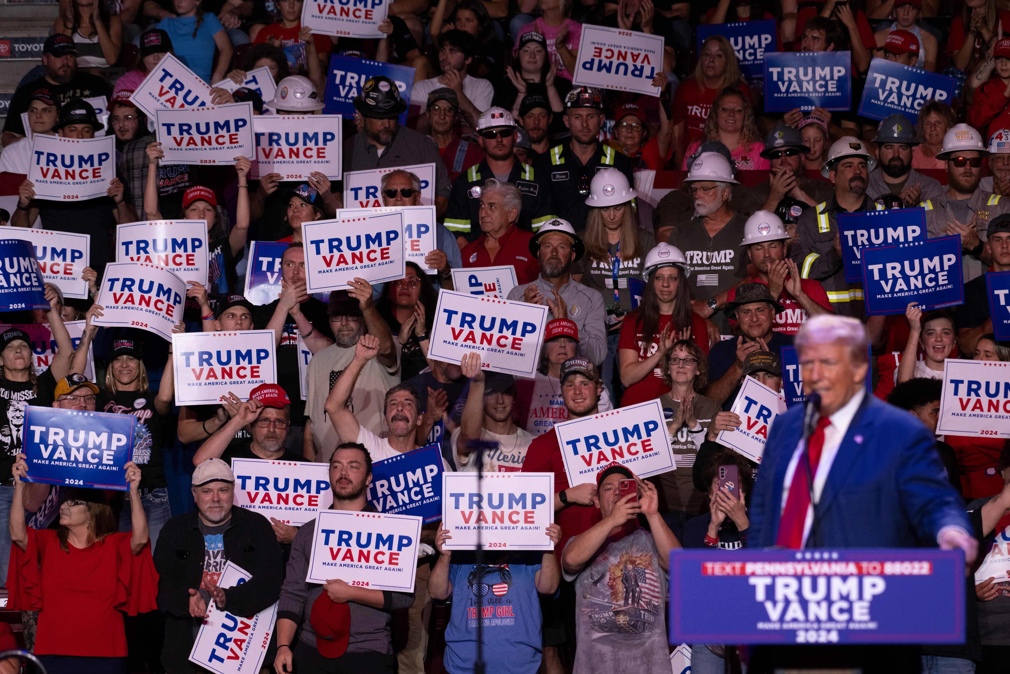 Republican presidential candidate Donald Trump speaks during a campaign rally at the campus of Indiana University in Indiana, Pennsylvania, USA, 23 September 2024.