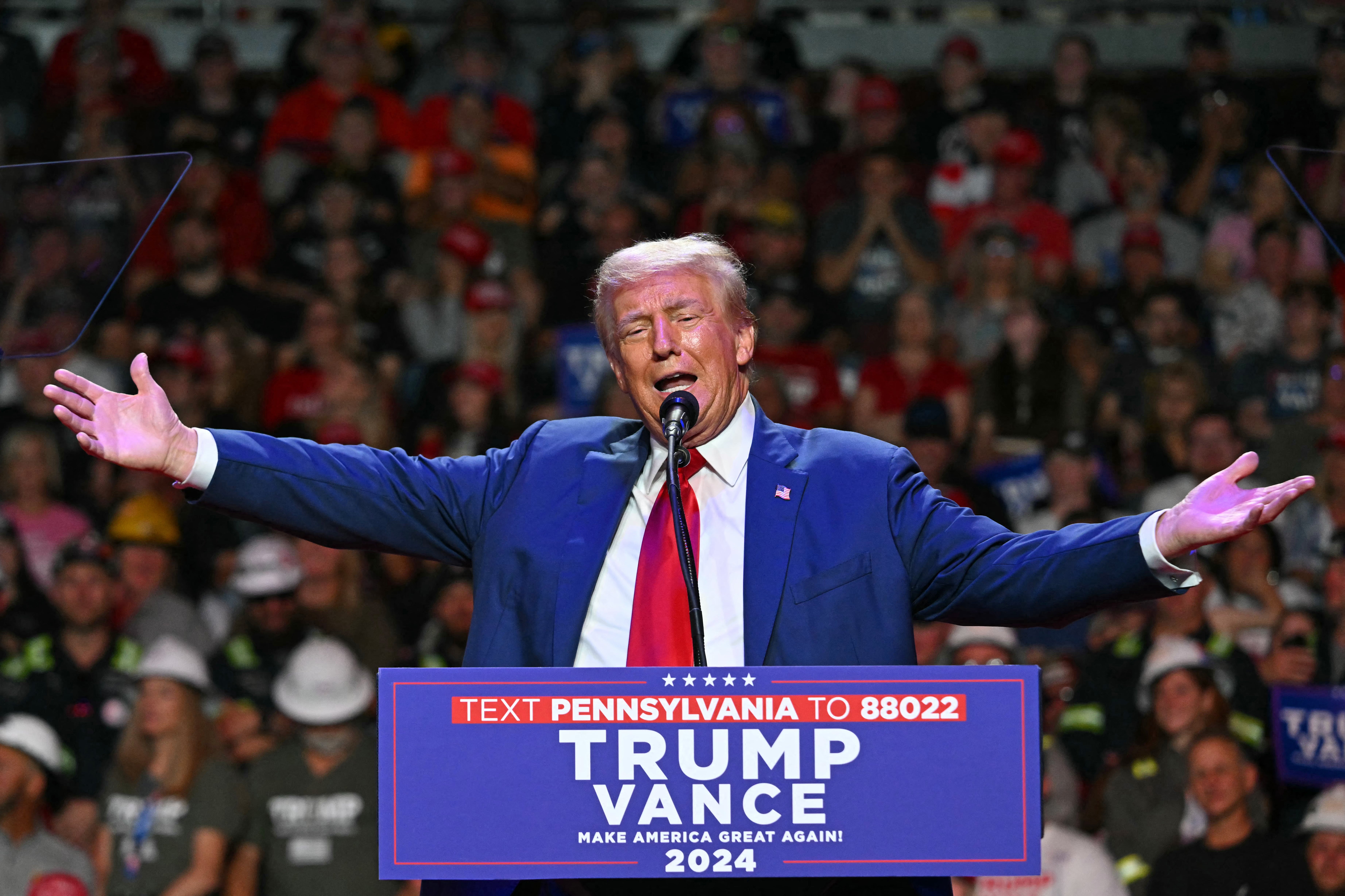 Trump speaks during a campaign rally at Ed Fry Arena in Indiana, Pennsylvania, on September 23