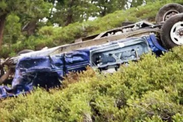 The mangled wreckage of Peter Bergna’s car after it had fallen down the side of a mountain in Nevada with his wife inside