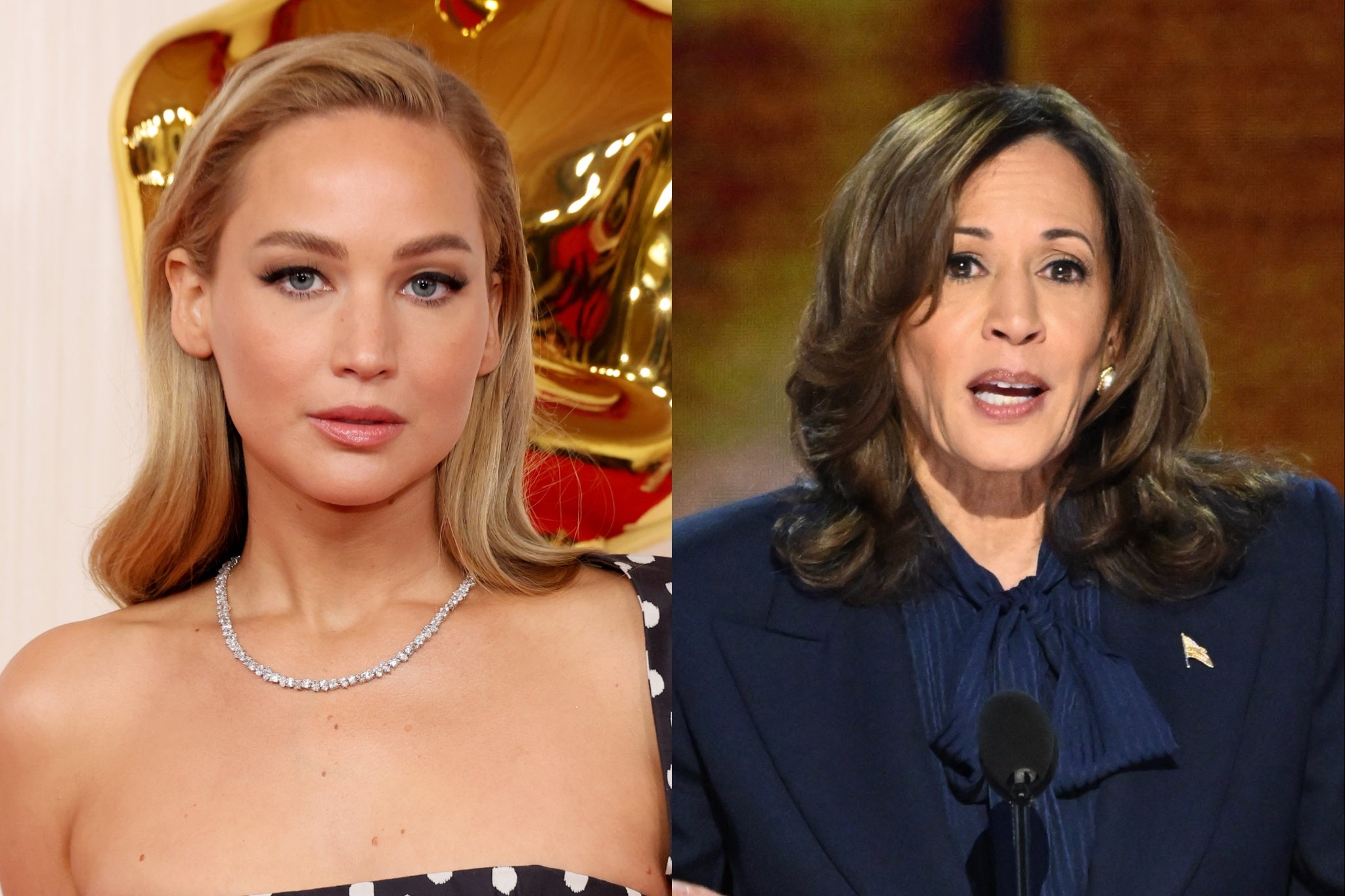 Jennifer Lawrence (left) has endorsed Kamala Harris in the presidential race