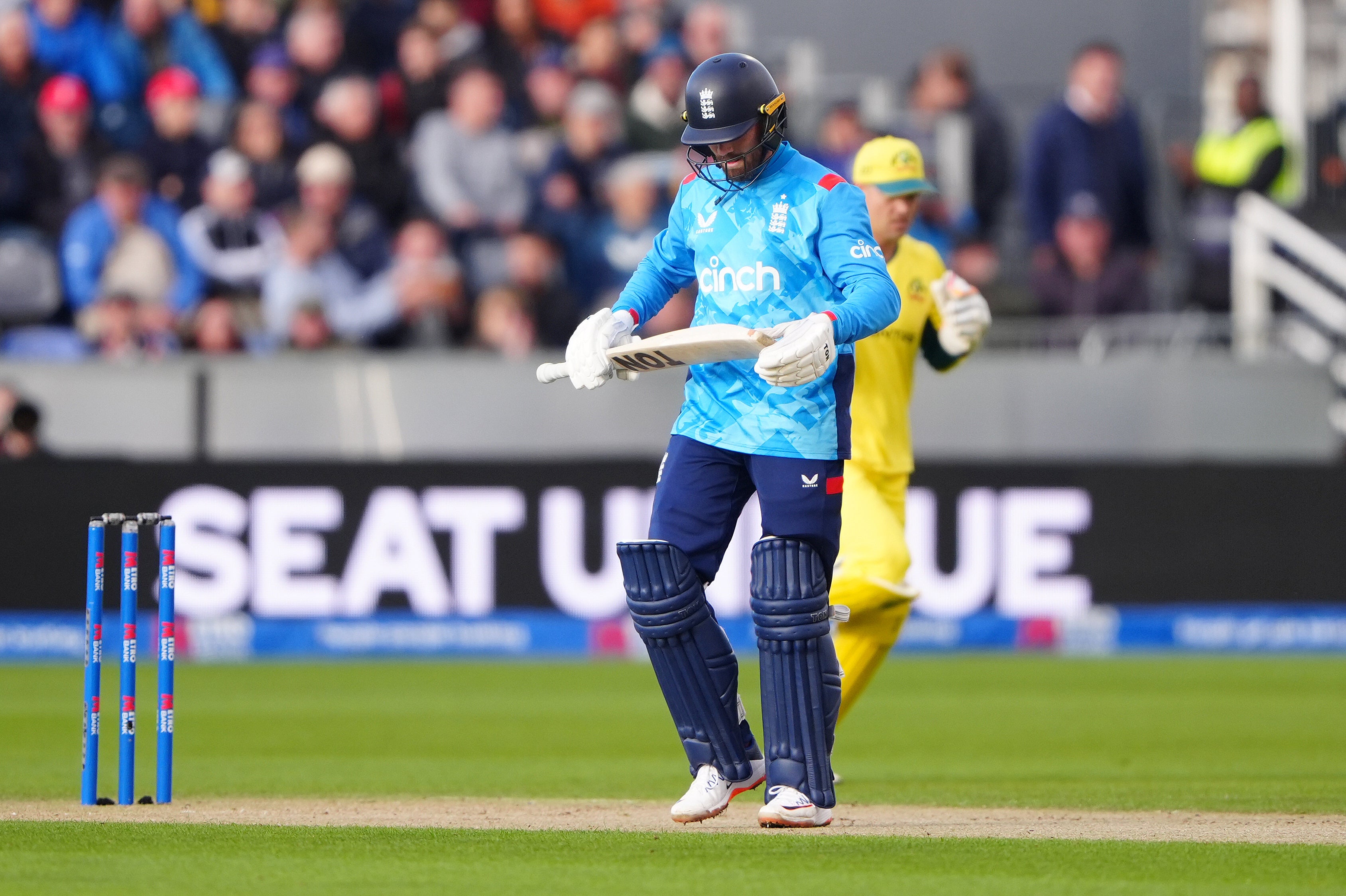 Phil Salt is bowled by paceman Mitchell Starc